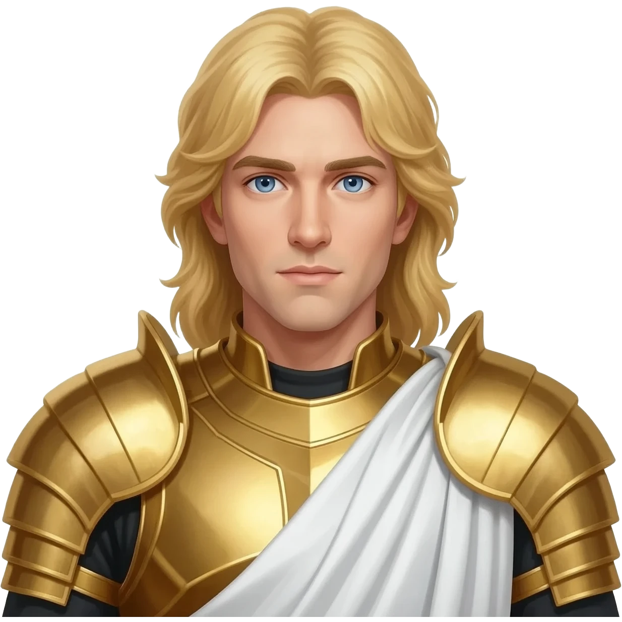 Archangel Michael from Christian Mythology with blue eyes, long blonde hair, gold metallic armor, white metallic toga emoji