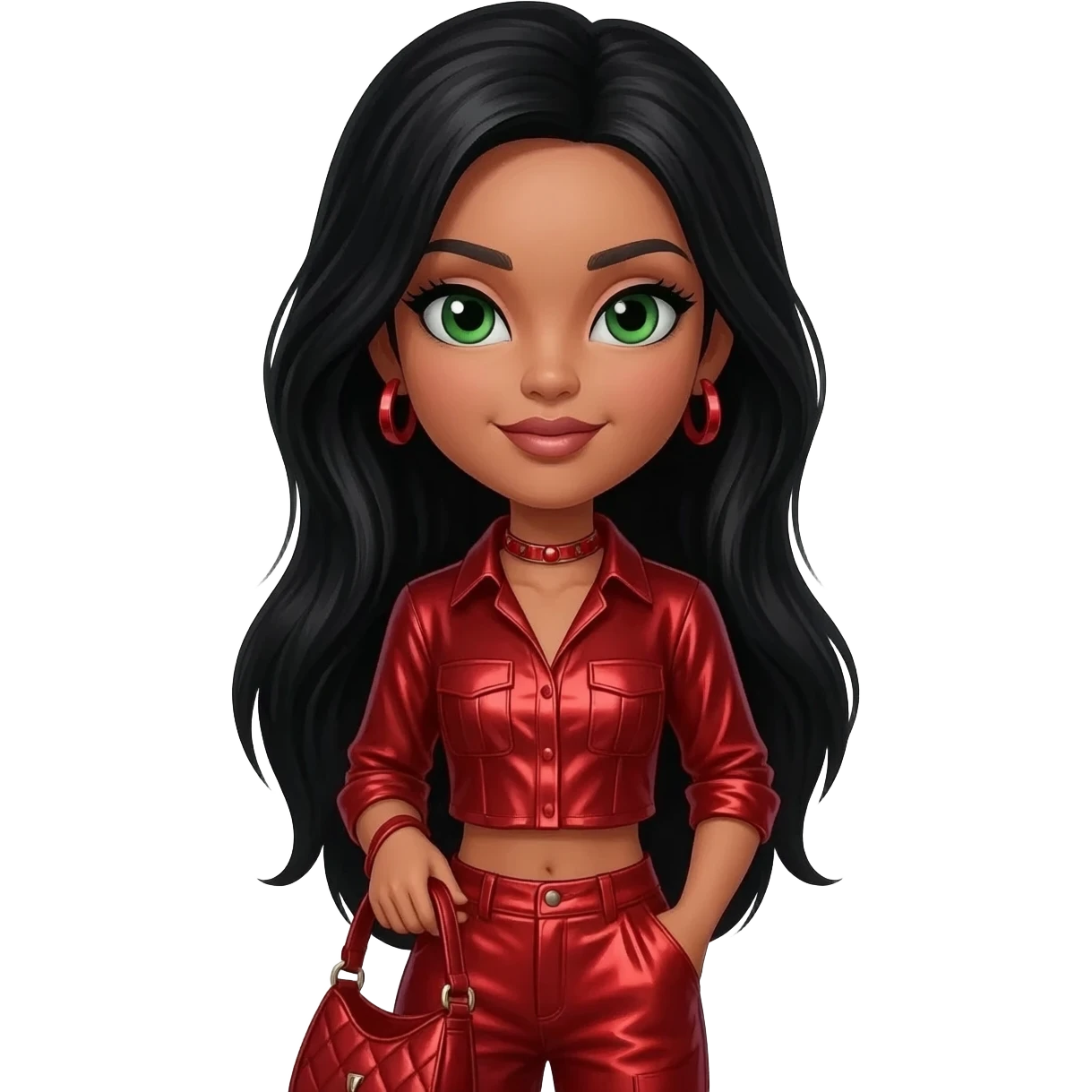 Jade from Bratz with light skin, green eyes, long black hair, red metallic shirt, red metallic baggy pants, red necklace and earrings emoji