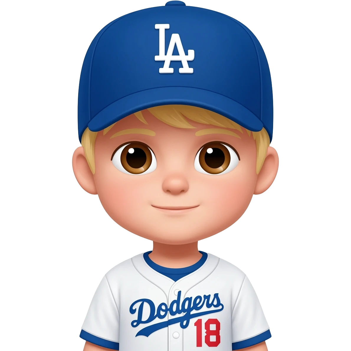 toddler in a dodgers uniform with baseball cap whiter blonde hair brown eyes emoji
