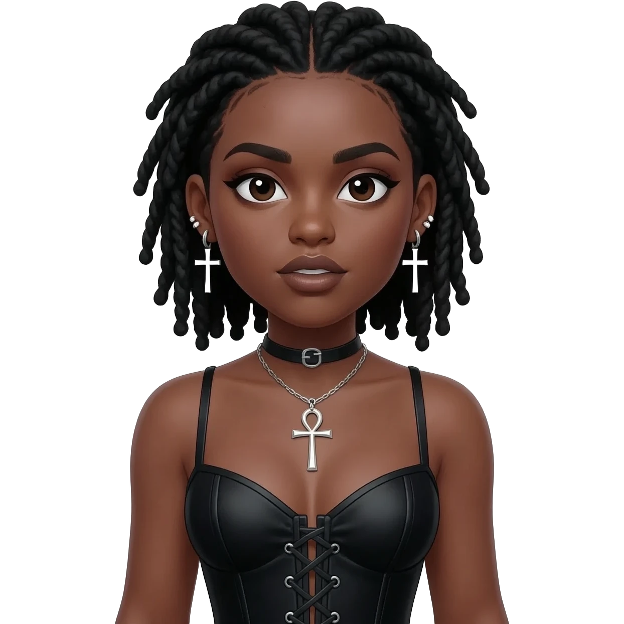 goth black girl with black corset, with brown skin, cross earrings, ankh necklace with center parted short black dreadlocks, whole white face paint emoji