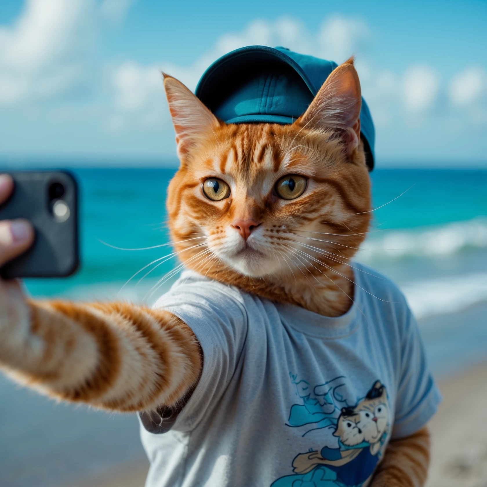 Orange tabby cat in a t-shirt and cap taking selfies against the background of beach and blue sea, shot with an 85 mm f/11 lens, ISO 100, 8K RAW, no blur emoji
