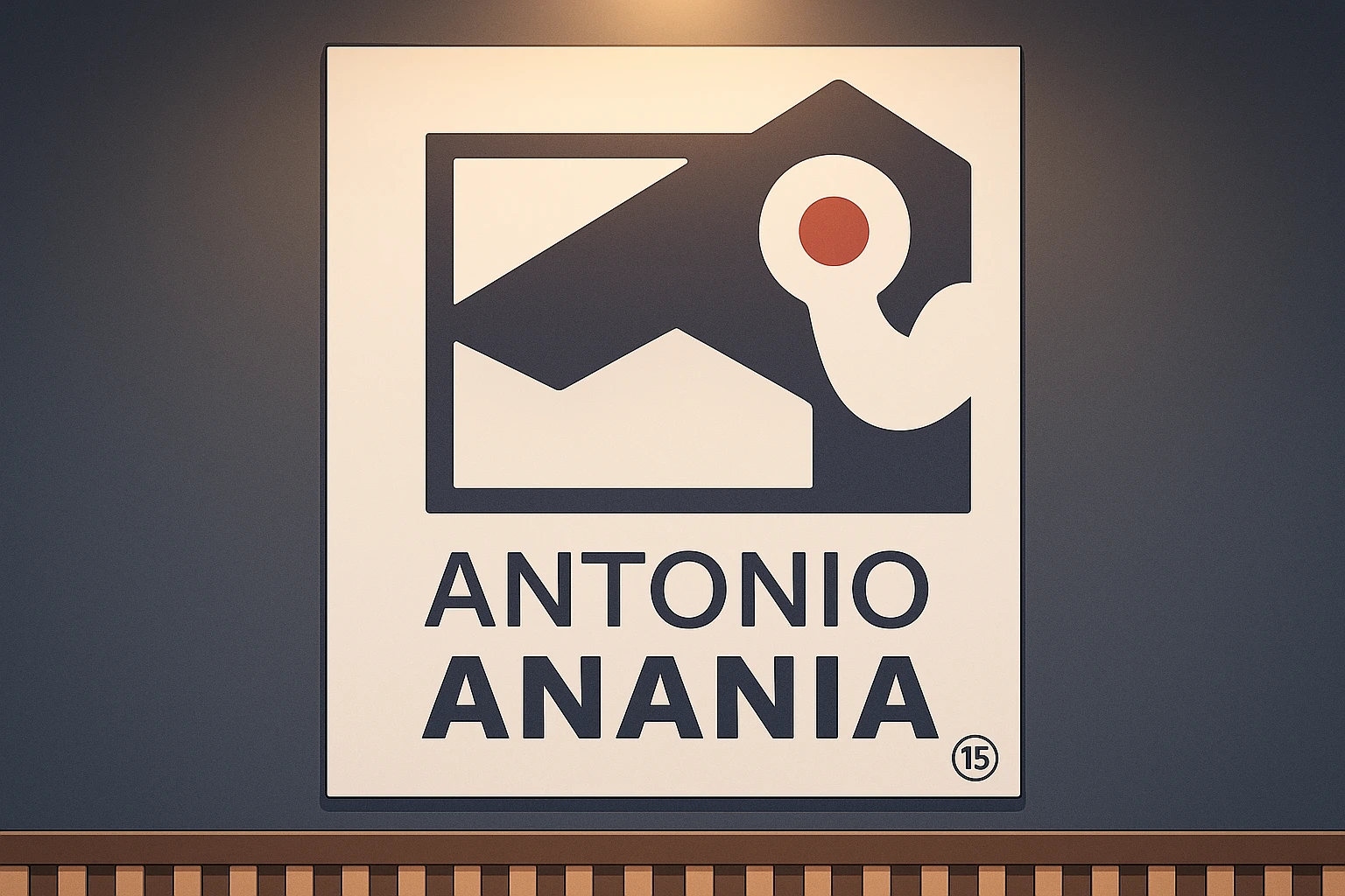 su questo stile fai un manga/webtoon a colori in cui mostri quella parete dietro dello studio con il suo logo e la scritta "ANTONIO ANANIA" SOTTO IL LOGO, LUCE CHE ILLUMINA IL LOGO emoji