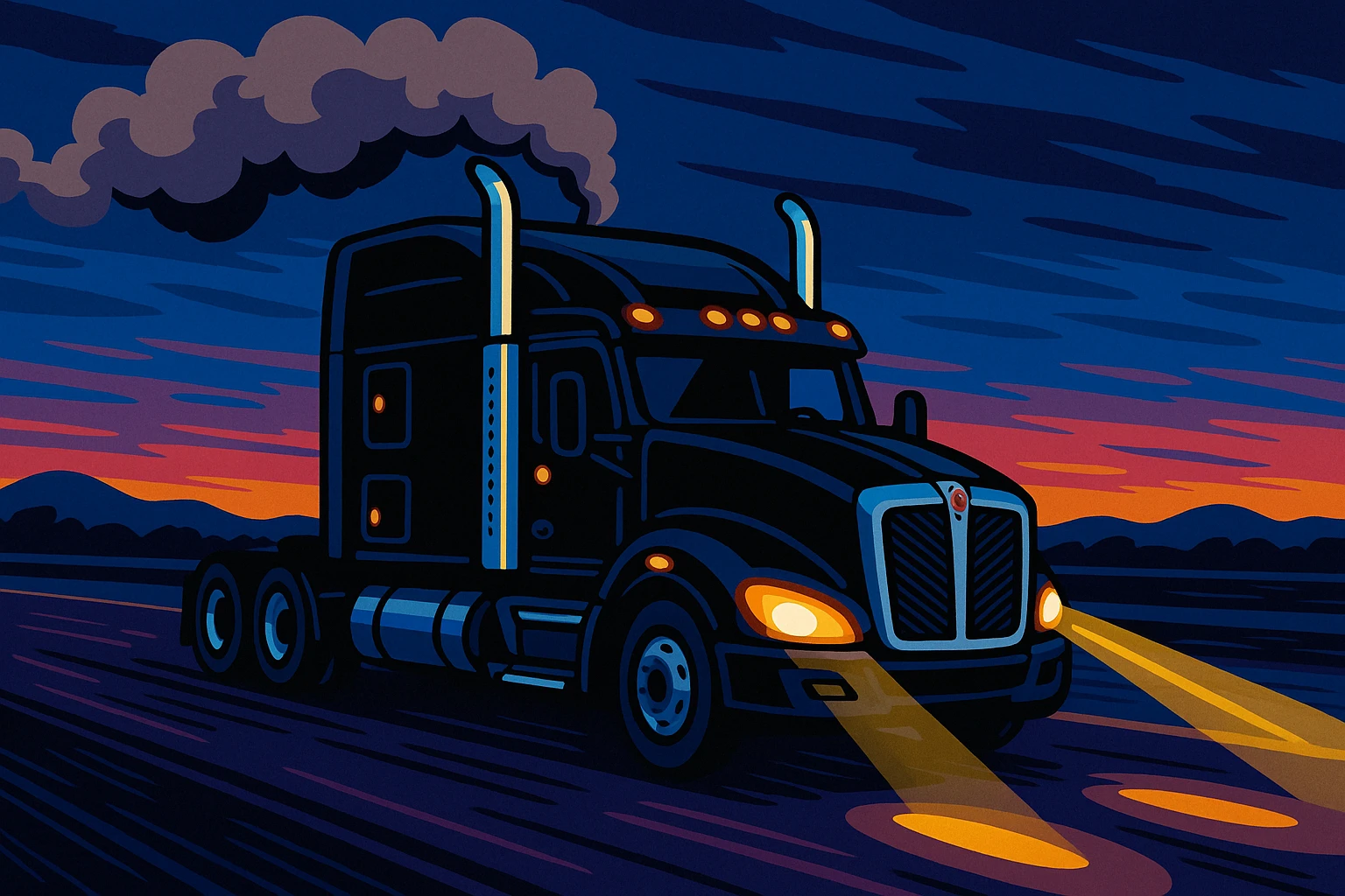 fun cartoon scene black Kenworth T680 Flat Top semi sleeper driving at night, highway setting, smoke coming from stacks, illuminated by headlights, lively and animated style emoji