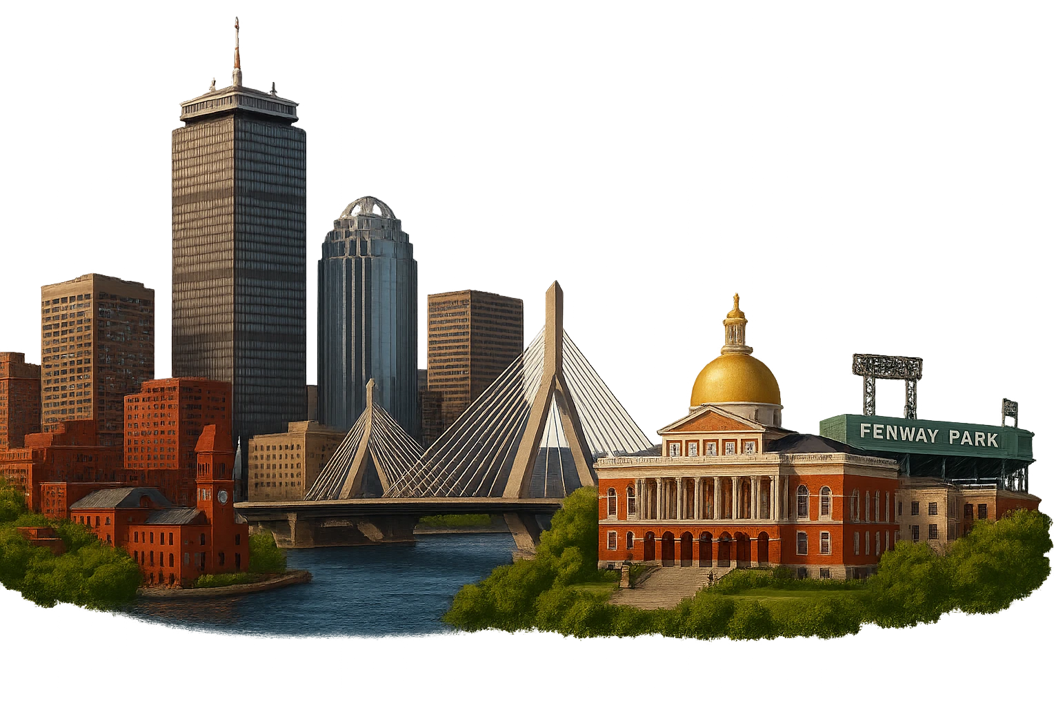 cinematic, realistic emoji of Boston, wide city view with iconic landmarks Prudential Tower, Zakim Bridge, Massachusetts State House, Fenway Park, lifelike detail, accurate colors, bright daytime lighting, fully transparent background, no sky, no clouds emoji