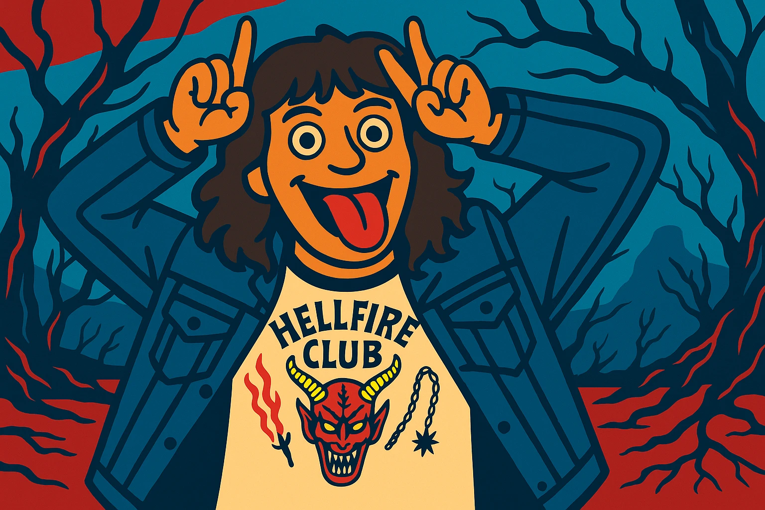 Eddie Munson in vibrant toon style, wide aspect ratio (16:9), making a playful face with hands as horns and tongue out, with a bright, colorful background of the Upside Down, lighter vivid colors and dark outlines. emoji