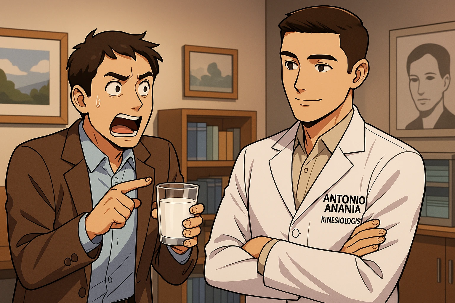 fai un webtoon manga a colori con questo stile, in cui un uomo chiede al kinesiologo con il camice bianco (fagli anche la scritta "ANTONIO ANANIA" SUL CAMICE, una domanda e il kinesiologo gli risponde, L'UOMO INDICA IL BICCHIERE DI LATTE CHE HA IN MANO ED è MOLTO ALLARMATO NEL FARE LA DOMANDA. non fare i fumetti però, fai solo in modo che sembri stiano parlando emoji