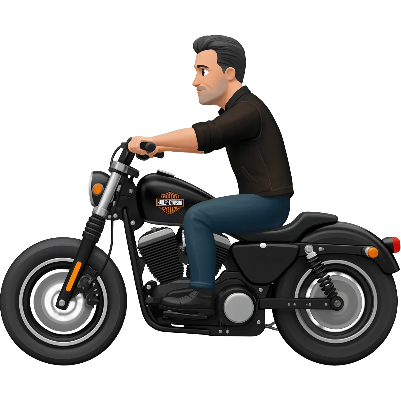 Black and Gray haired white guy riding Harley Davidson on angle emoji