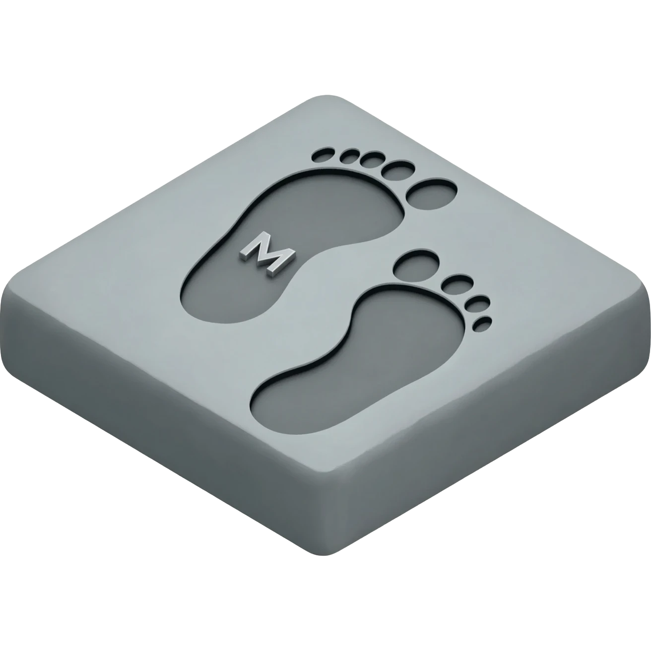Minimalist 3D emoji: two stylized, bare footprints impressed deeply into soft, wet concrete. Textured surface. Engraved inside the heel of the leading footprint is a small, sharp chrome geometric 'M'. Isometric view, isolated on white --no background emoji