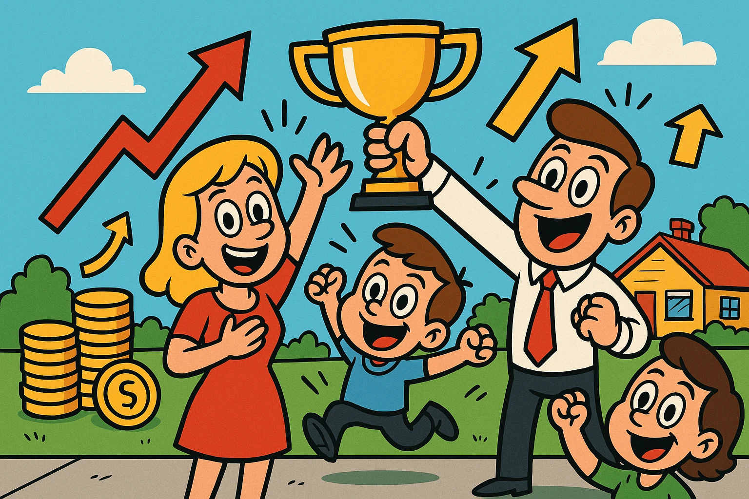 growth in price, joy, happiness, and success, cartoon style, saturated colors, smiling characters emoji
