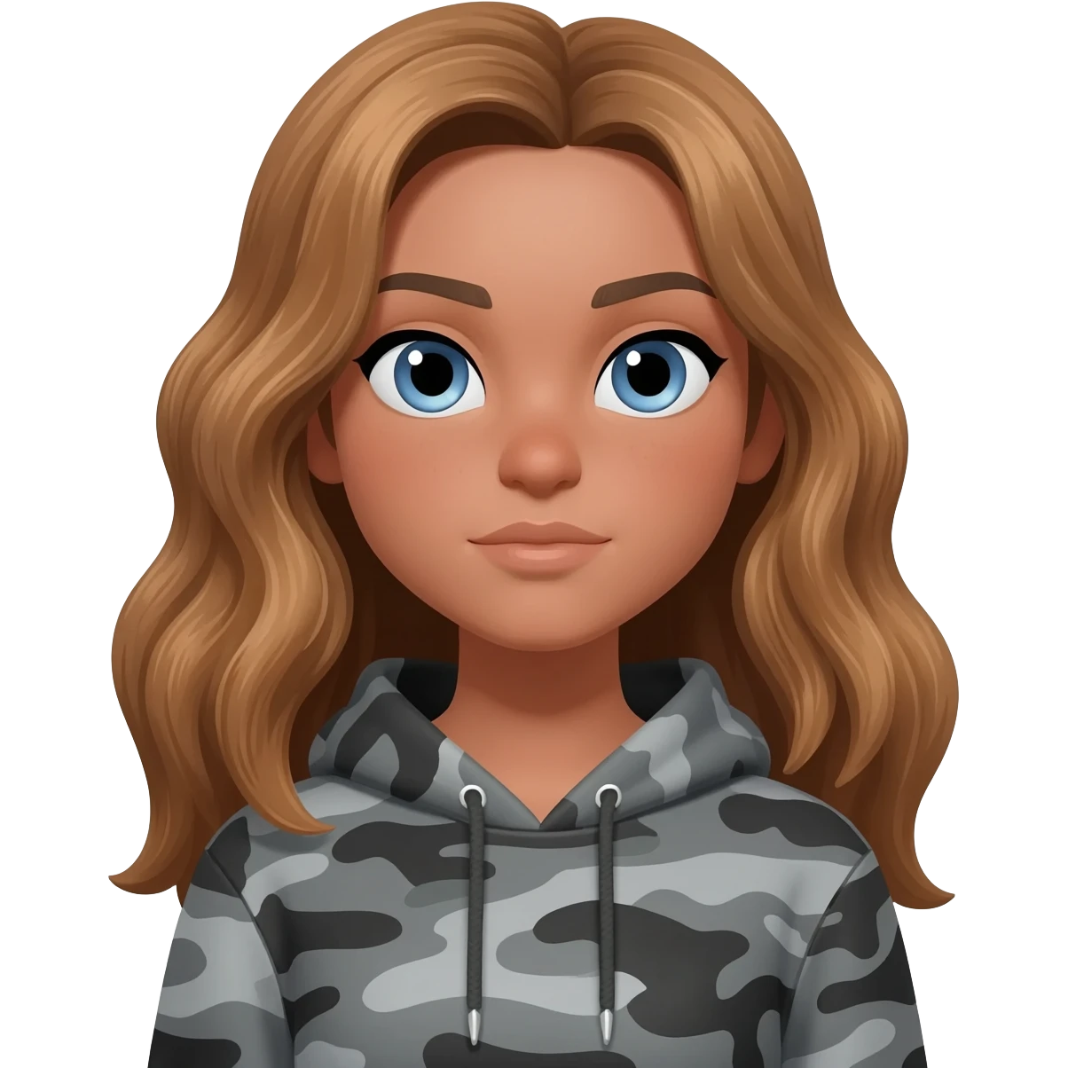Girl with long wavy light brown hair, blue eyes , medium skin tone, wearing a gray camo hoodie and giving a side eye emoji