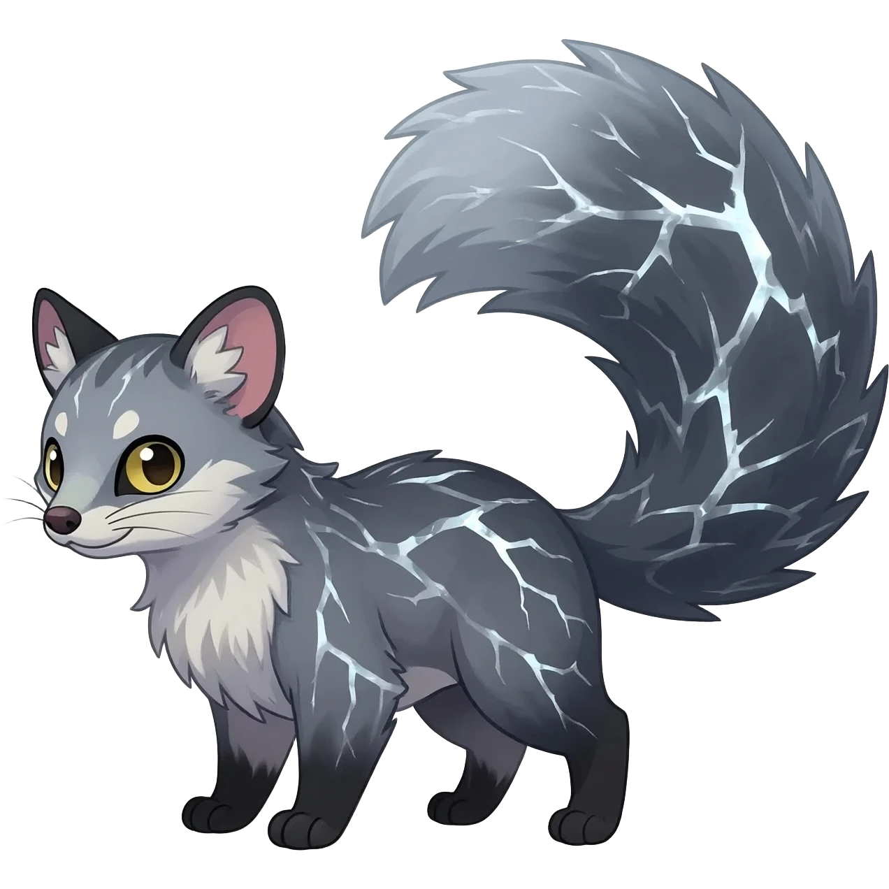 stormcell charcoal fur crackling with silver frost-veins and ghost-dust sheen Hyper-realistic beautiful elegant pretty precious cute  Fakémon-Pokémon-opossum-feline-serval-caracal-chinchilla-Furret-Minccino-hybrid-creature with a big fluffy bushy tail (full body) emoji