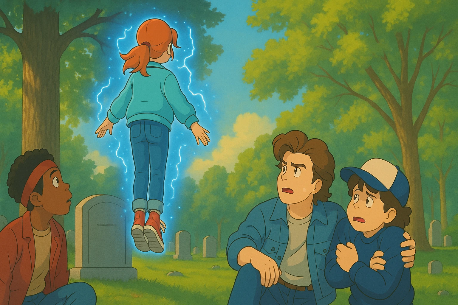 Max from Stranger Things levitating above a grave in a cemetery, seen from behind, Dustin hiding behind Steve in fear, Lucas looking up at Max, Ghibli style, wide aspect ratio (16:9), supernatural glowing effects, expressive and emotional scene. emoji