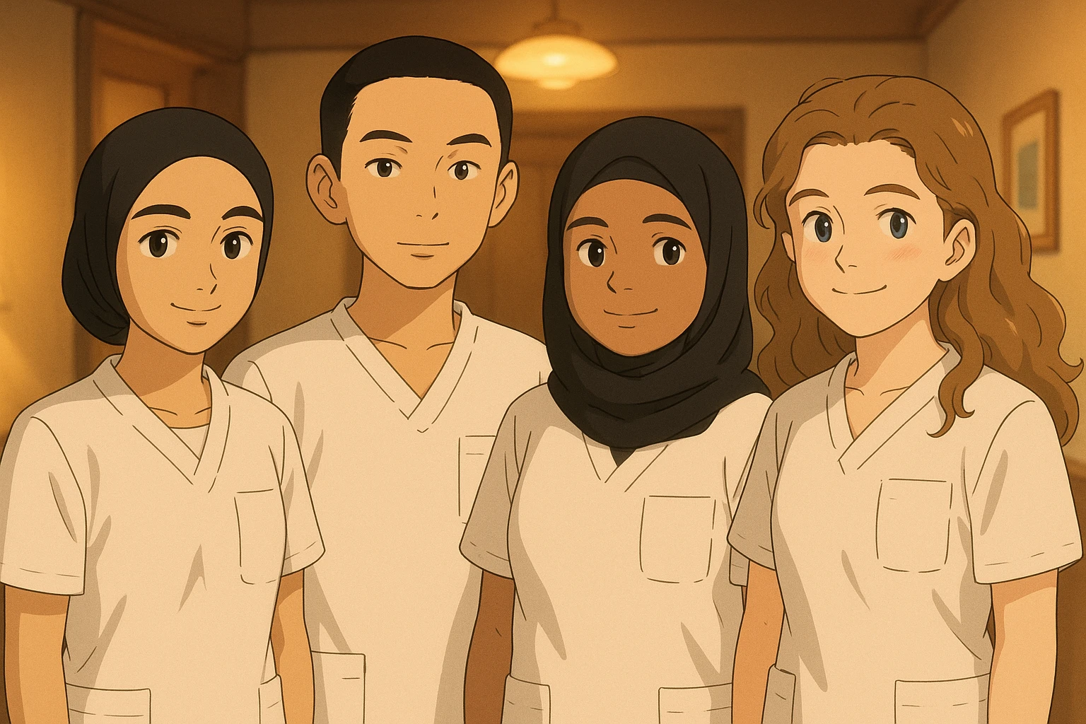 Four nursing students standing side by side in a warm indoor setting, wearing white medical tunics with short sleeves, V-neck collars, and left chest pockets. No collar stand, no undershirts, forearms bare, and no stethoscopes. Ghibli style with a warm and inviting atmosphere. emoji