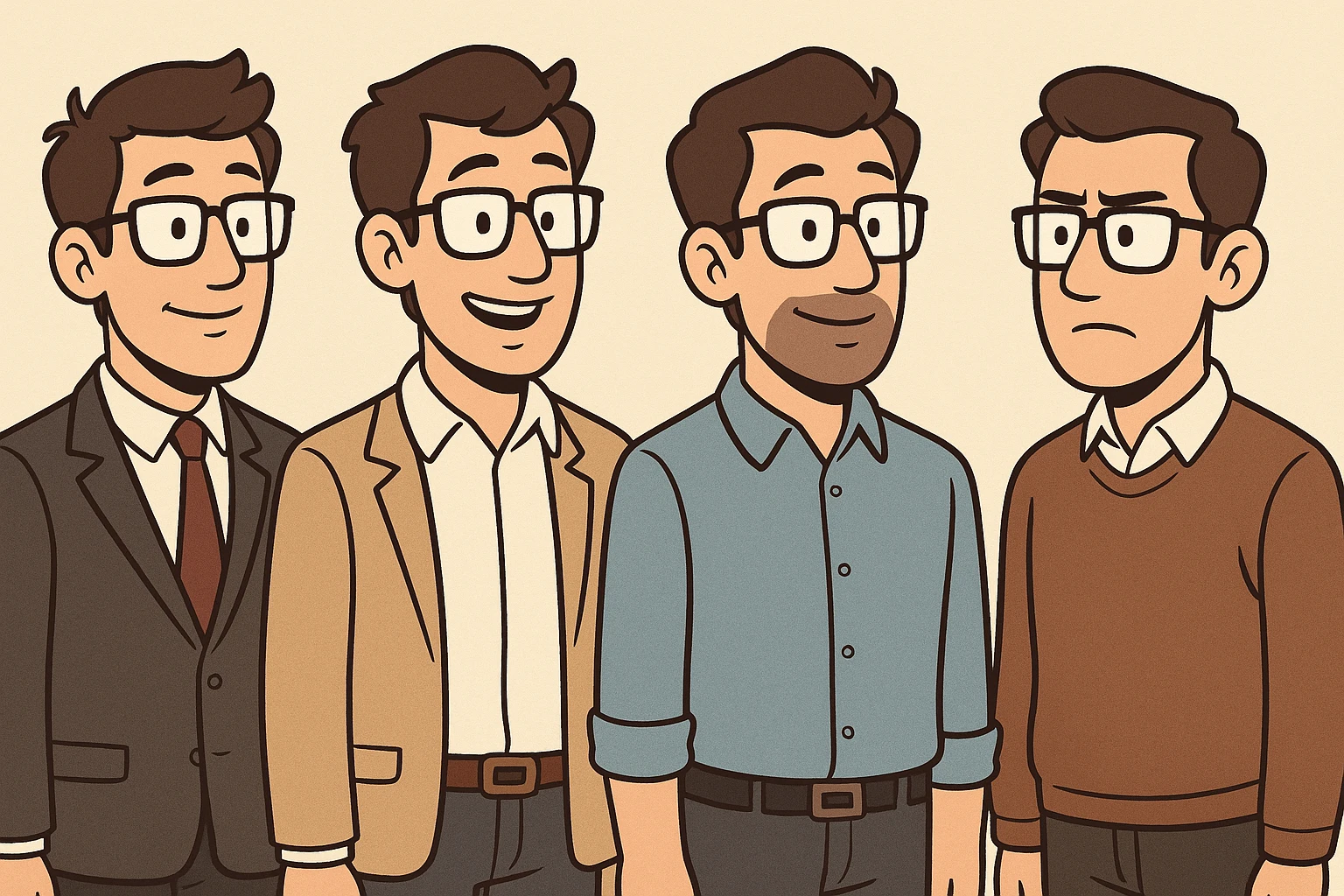 four professional look Adams lined up, wearing glasses emoji