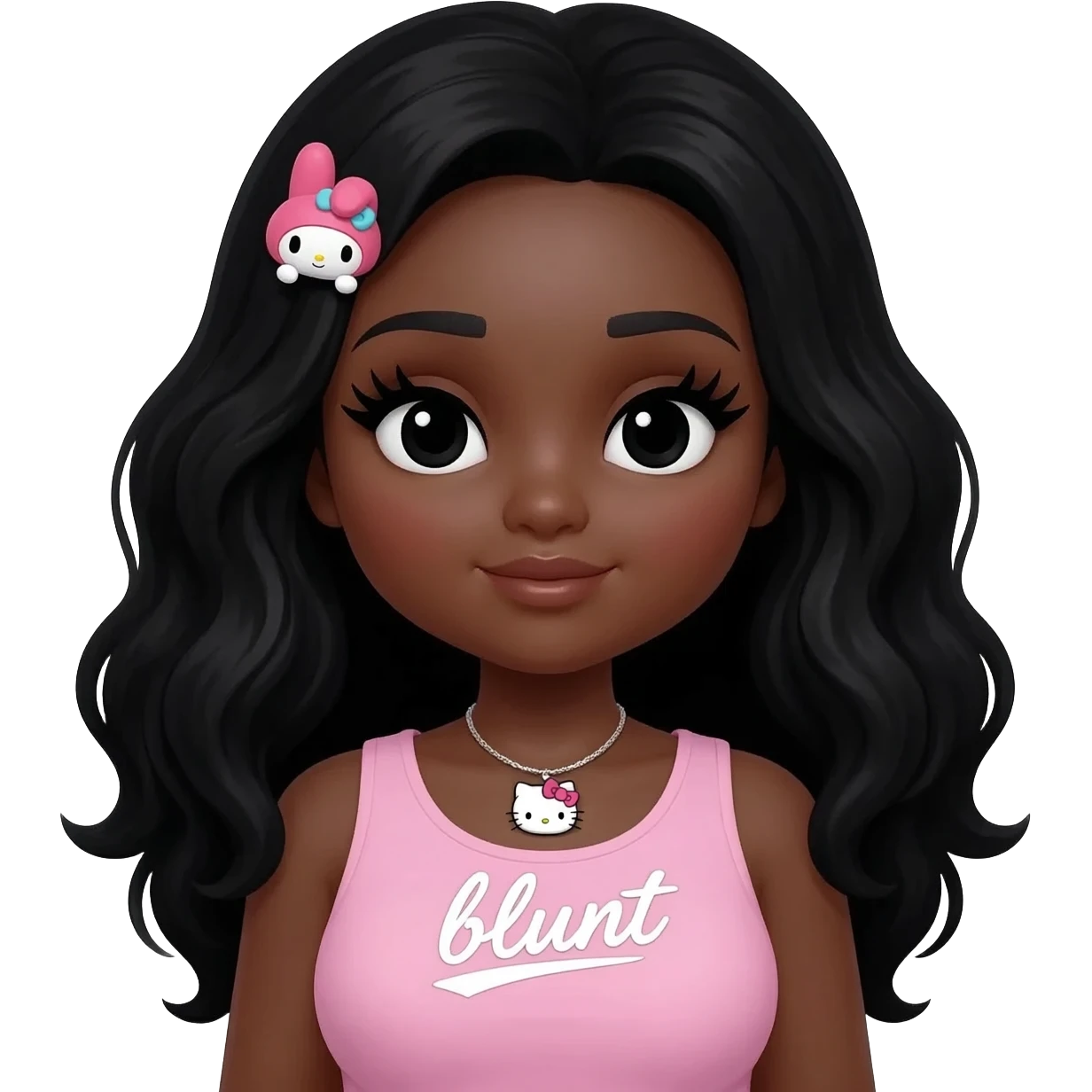 Long giant lashes, my melody hairclip, Doll faced shaped, hello kitty necklace, bimbo, black doll eyes, barbie, dark brown skin with long curls black hair, light pink bimbo sleeveless shirt says "blunt" , big breast emoji
