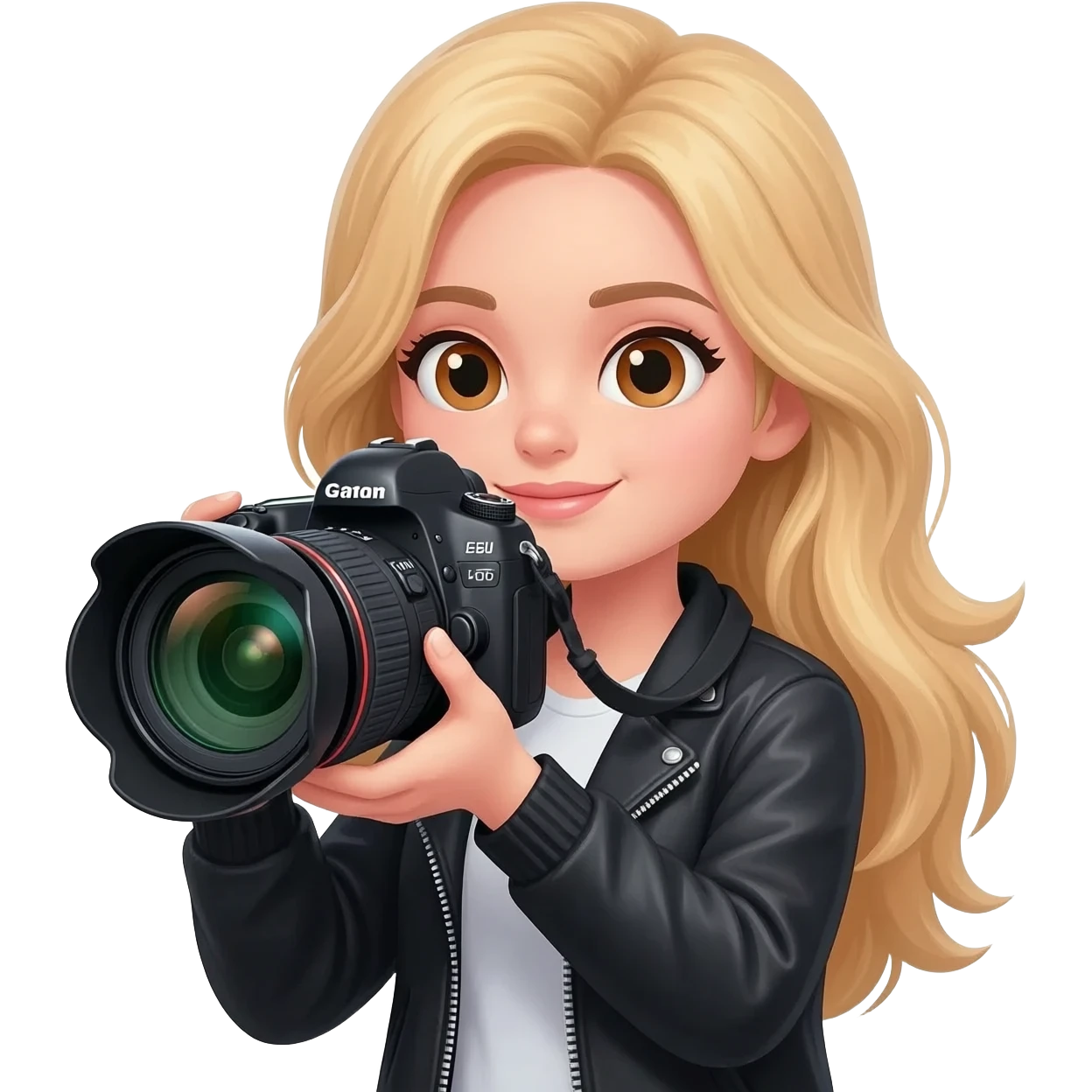 menina loira pele clara olhos castanhos claros com uma camera fotografia e uma ente grade na mão ela é fotogrsfae  video maker emoji