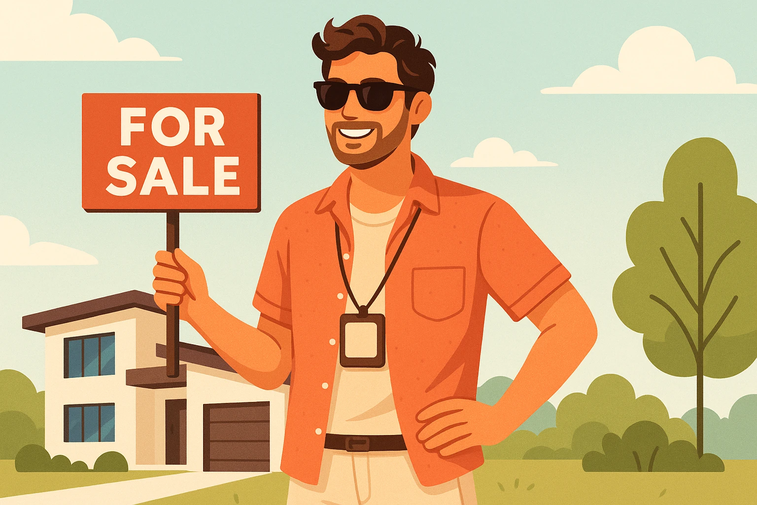 real estate agent wearing sunglasses, summer style, relaxed vibe, light clothing, smiling, bright background, modern illustration emoji