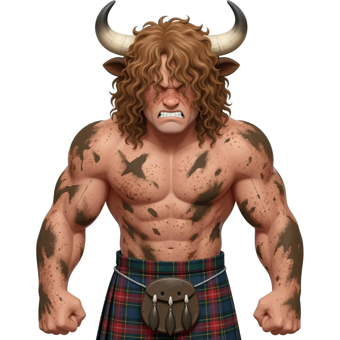 big buff curly hairy man covered in dirt with freckles with messy light brown bangs that covers his face completely with bull horns and bull ears and bull tail dressed in kilt leftover hook front view furious expression emoji