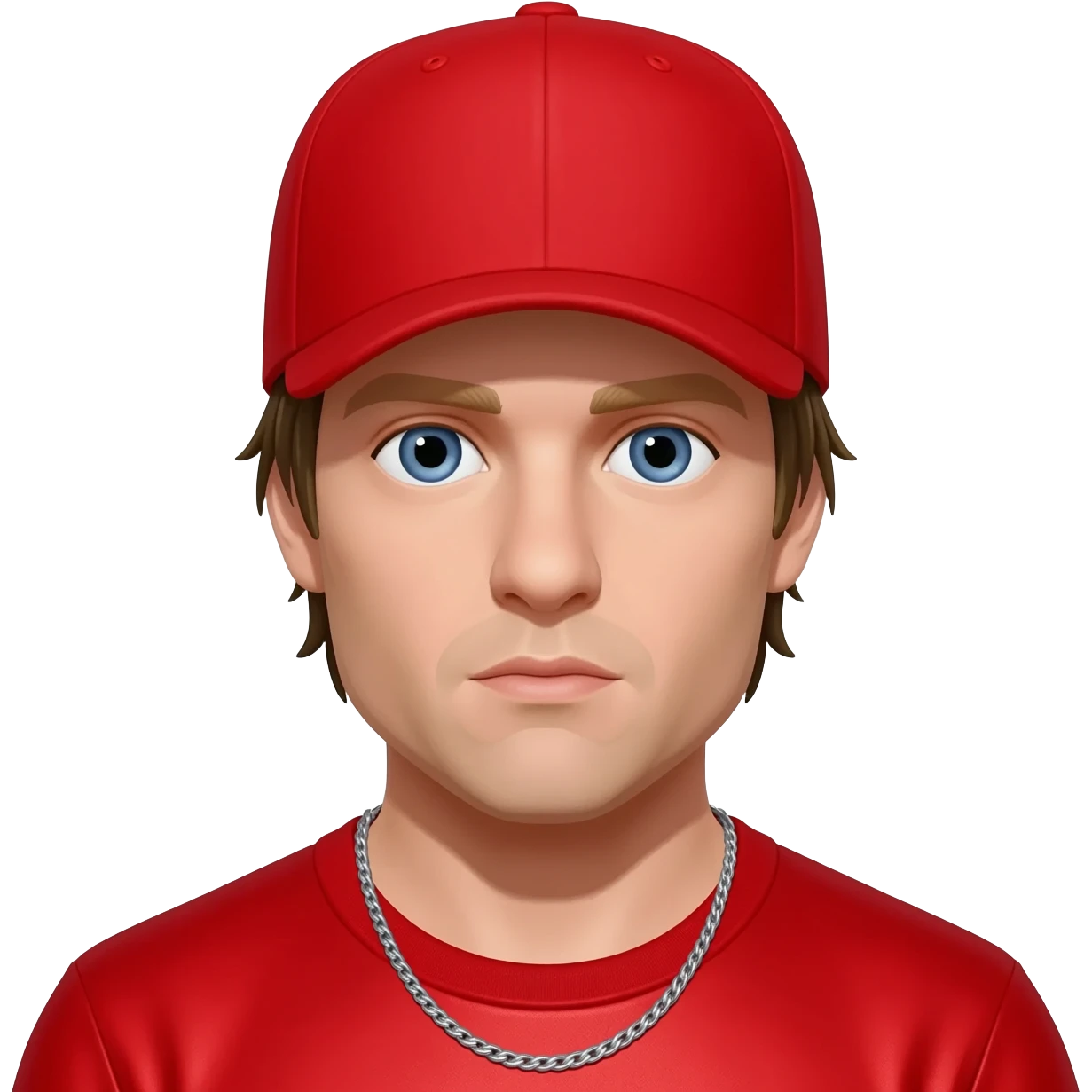 Fred Durst with blue eyes, dark blonde shirt hair, red cap, red metallic t-shirt, silver necklace emoji