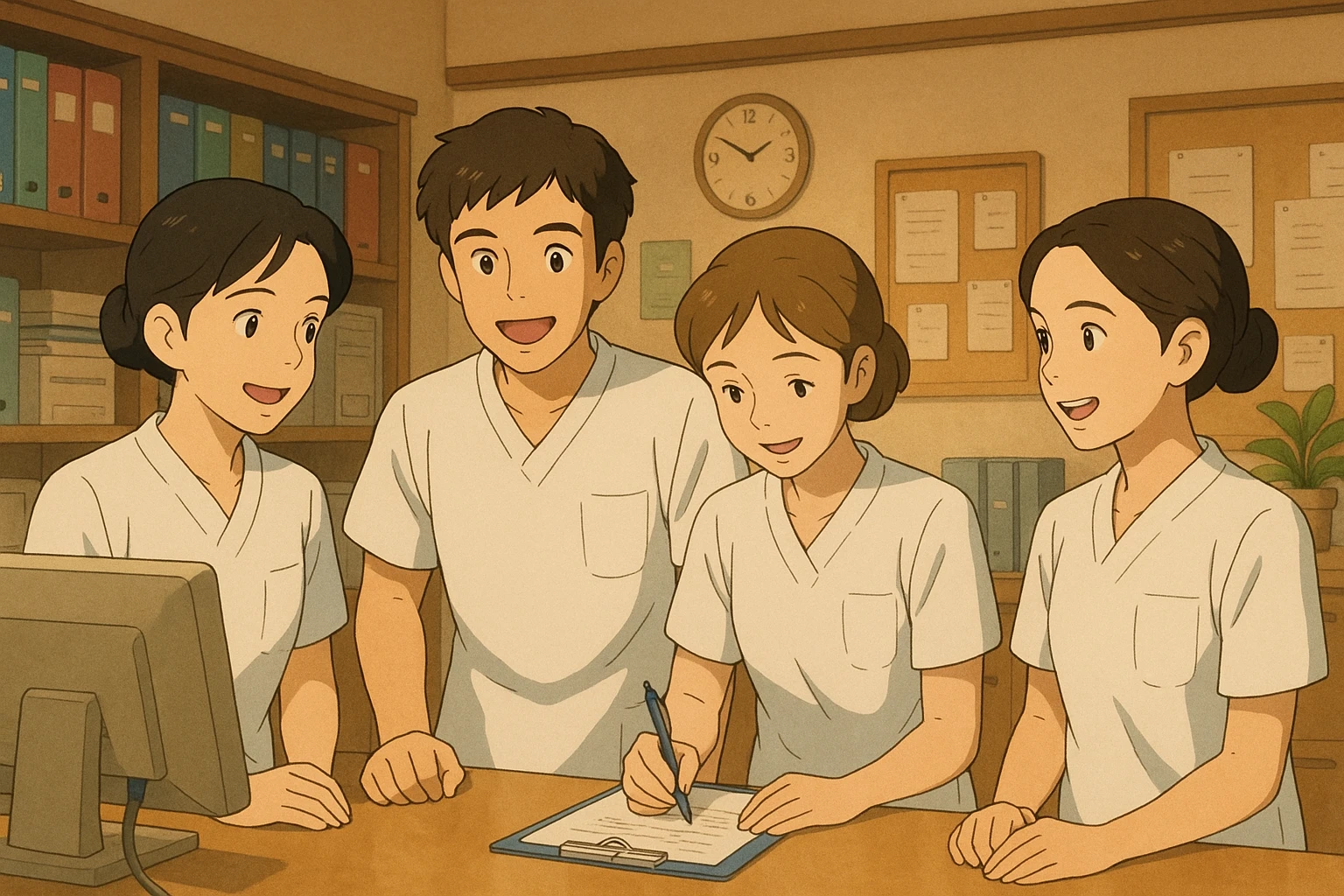 Four nursing students inspired by reference photos, together in a care station, warm atmosphere, teamwork, all wearing white short-sleeve uniforms without collar stand or stethoscope, medical tunics with V-neck and left chest pocket, no fabric extending from sleeves, care station decor, Ghibli style emoji