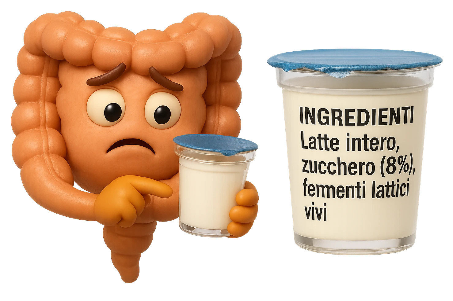 SU QUESTO STILE FAI UN EMOJI STILE IPHONE 3D DI UN INTESTINO CHE HA IN MANO UN BARATTOLO DI YOGURT CONFEZIONATO DA SUPERMERCATO E LEGGE L'ETICHETTA NUTRIZIONALE CON GLI INGREDIENTI IN ITALIANO, ACCANTO ALLO YOGURT CHE HA IN MANO C'è UN FOCUS SULL'ETICHETTA CON GLI INGREDIENTI SCRITTI, FAGLI UN ESPRESSIONE CONFUSA MENTRE LEGGE E FALLO MOLTO REALISTICO IN 3D emoji