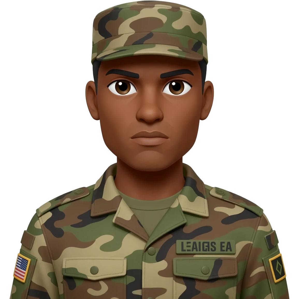 Make the soldier look more serious, make his black complexion, lighter skin to caramel brown emoji