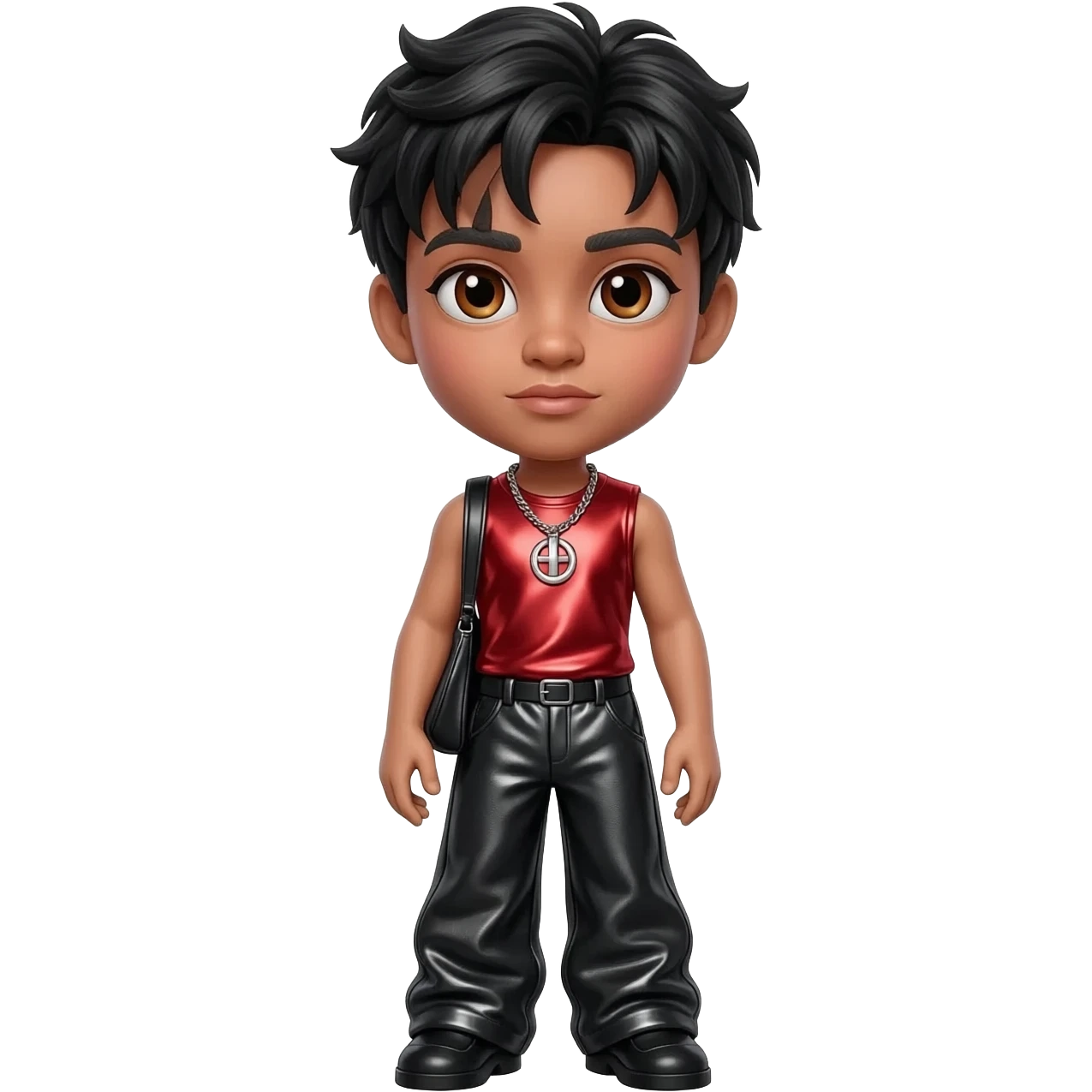 Dylan from Bratz with hazel eyes, black hair, red metallic sleeveless shirt, black metallic baggy pants, silver necklace emoji