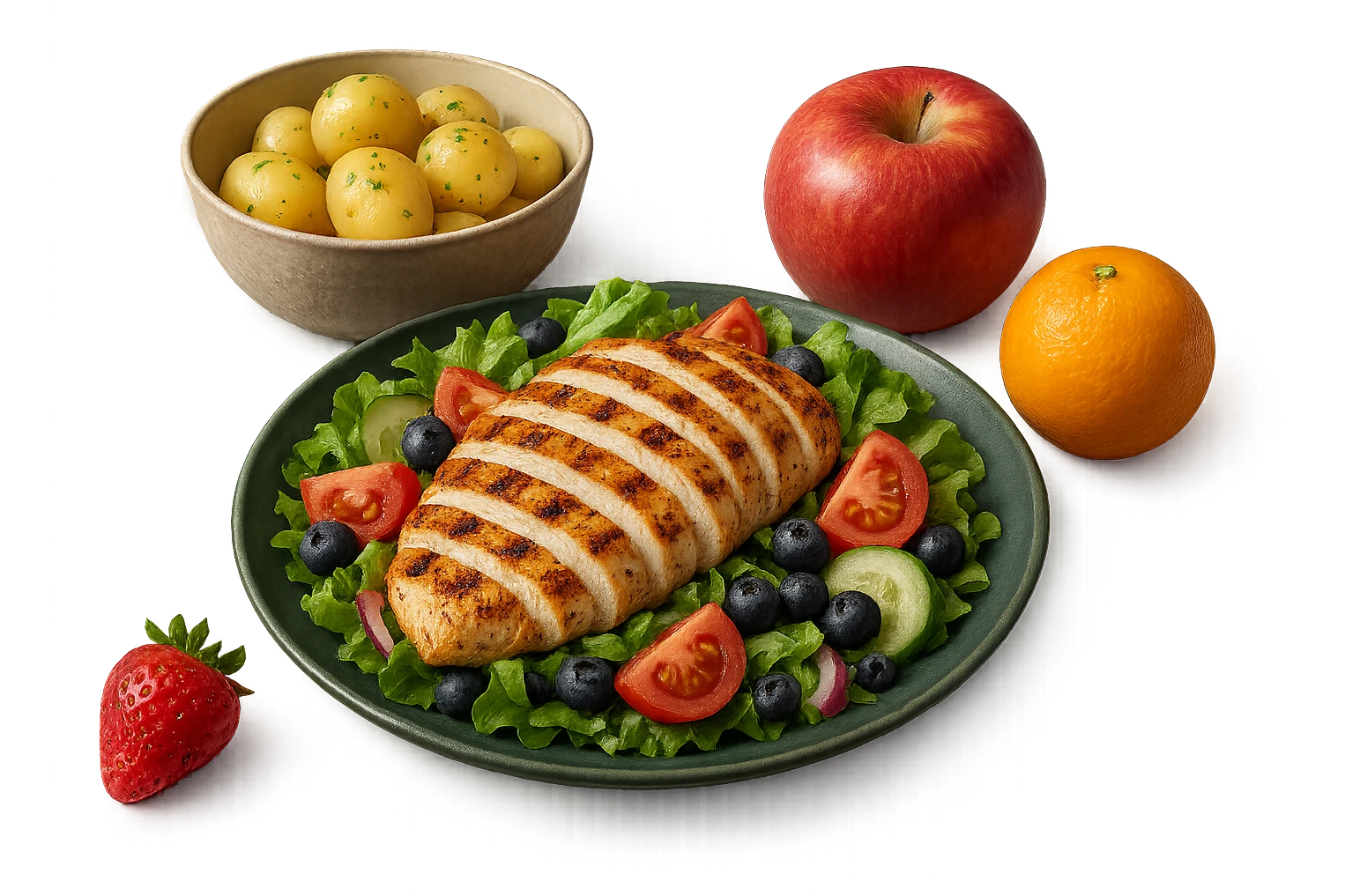insalate con petto di pollo grigliato e bowl di patate cotte poggiate per terra e frutta fresca, iperrealistico 4k emoji