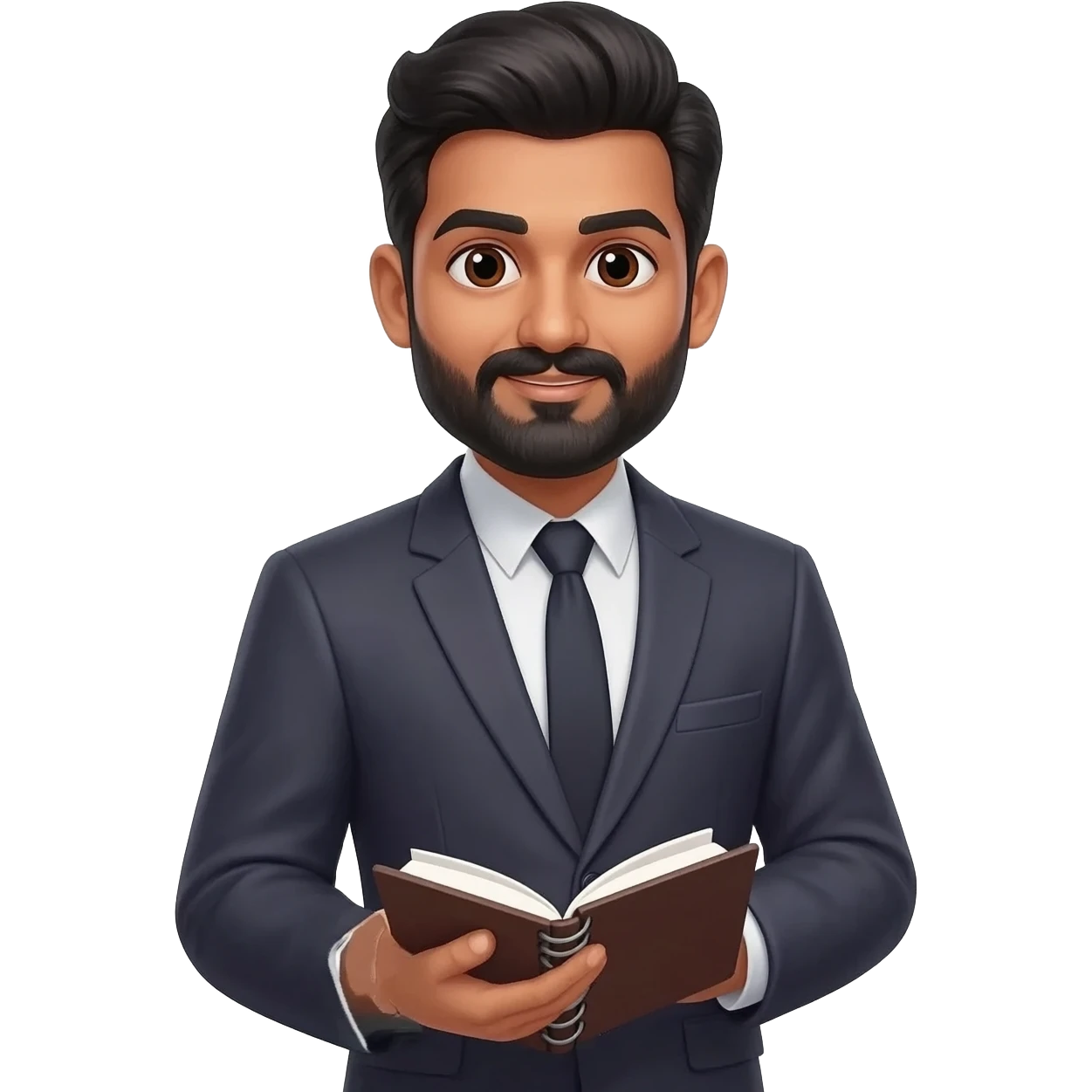 create emoji of man with middle parting hair wearing business suit with accounts notebook and the man has middle parting and of indian origin with a goatee emoji