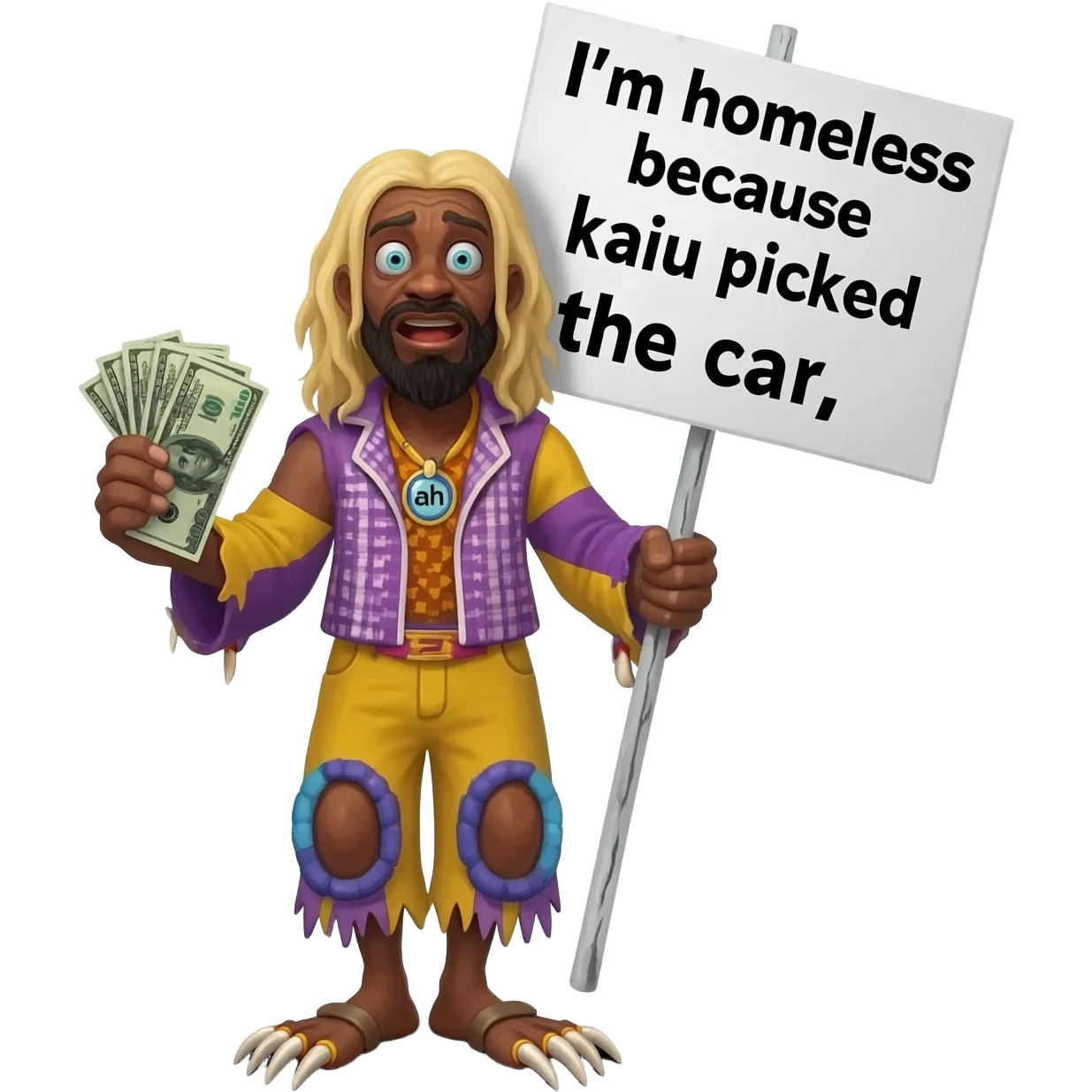 a weird ah emoji with nasty feet with long blond hair and he looks homelessand he is holding a sign that say I'm homeless because kaiu picked the car and he has zesty close and he is gay and he has a small stack of money and is super short and is black and has a super long toes emoji