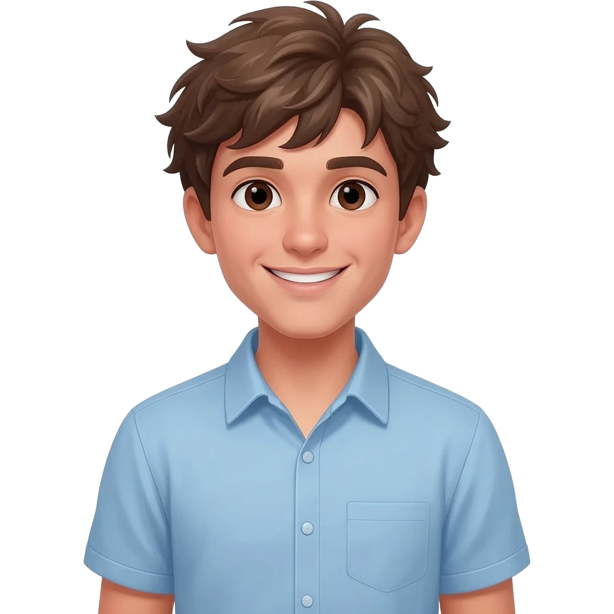 create an emoji of a teenage man, very very slightly tanned face, smile. he has an cool look, very messy brown hair, dark brown eyes, natural lips. he wears a short sleeve light blue emoji