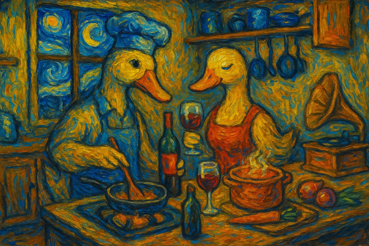 Van Gogh style kitchen scene with male and female ducks cooking, sharing wine, and enjoying music, window showing the Starry Night, 4:3 format, expressive brush strokes, vivid colors, cozy ambiance emoji