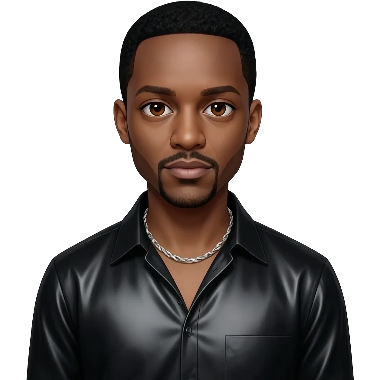 Sean Paul with brown eyes, black hair, black metallic shirt, silver necklace emoji