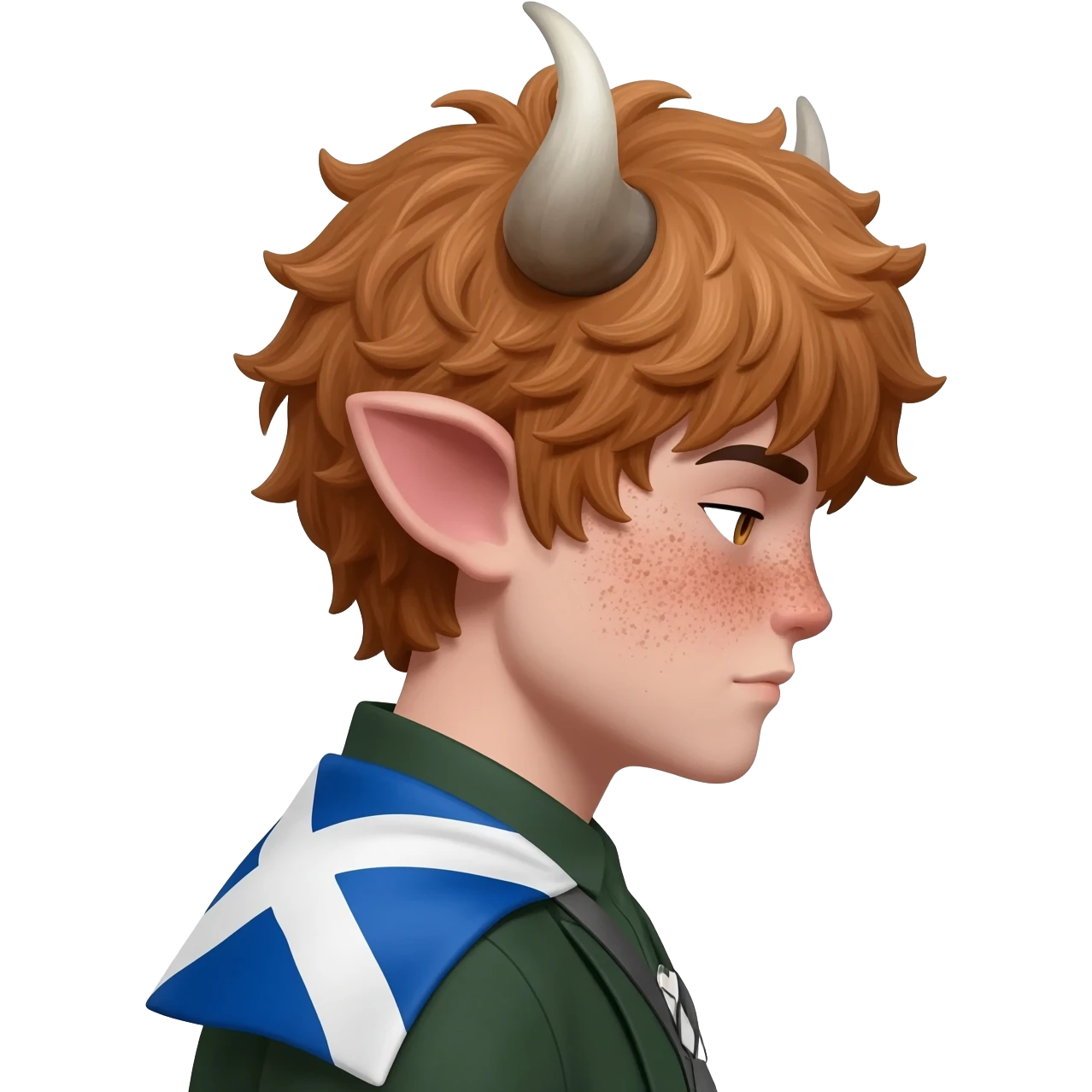 curly femboy with freckles with messy light brown bangs covering the eyes with bull horns and bull ears with scottish flag on his shoulders side view emoji