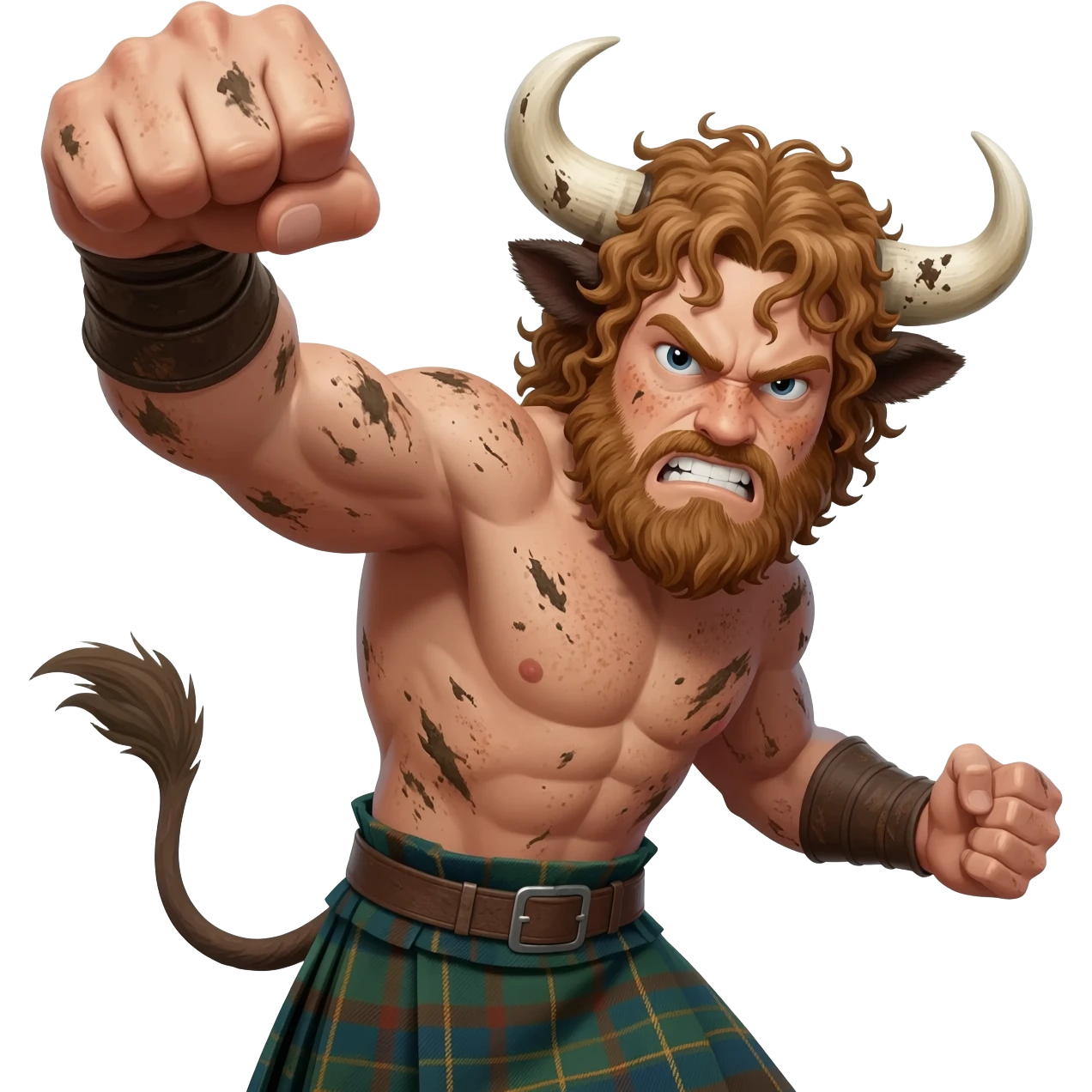 big buff curly hairy man covered in dirt with freckles with messy light brown bangs that covers his face completely with bull horns and bull ears and bull tail dressed in kilt punches with left hook closeup furious expression emoji