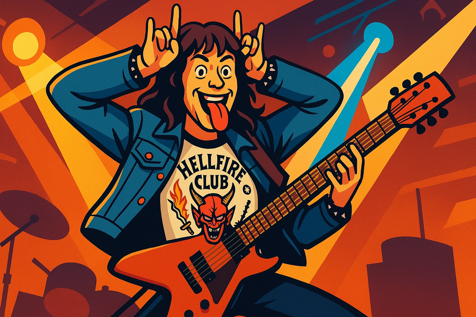 Eddie Munson from Stranger Things in vibrant toon style, wide aspect ratio (16:9), playing guitar on stage with energetic pose, lighter vivid colors and dark outlines. emoji