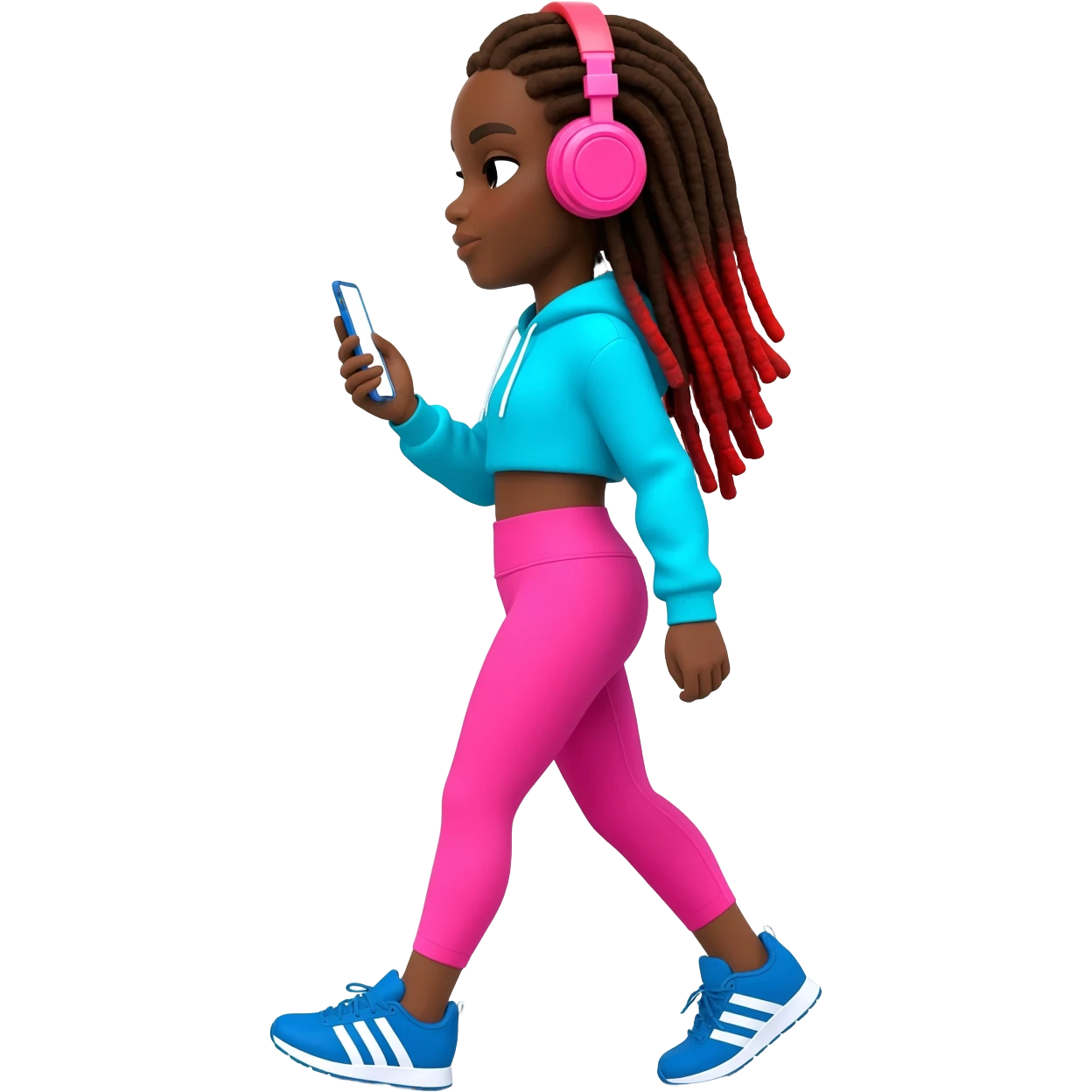 African American girl with long brown dreadlocks with red tips, pink workout leggings and a bright blue cropped hoodie, wearing big pink headphones and blue adidas pumps, taking a walk phone in hand emoji