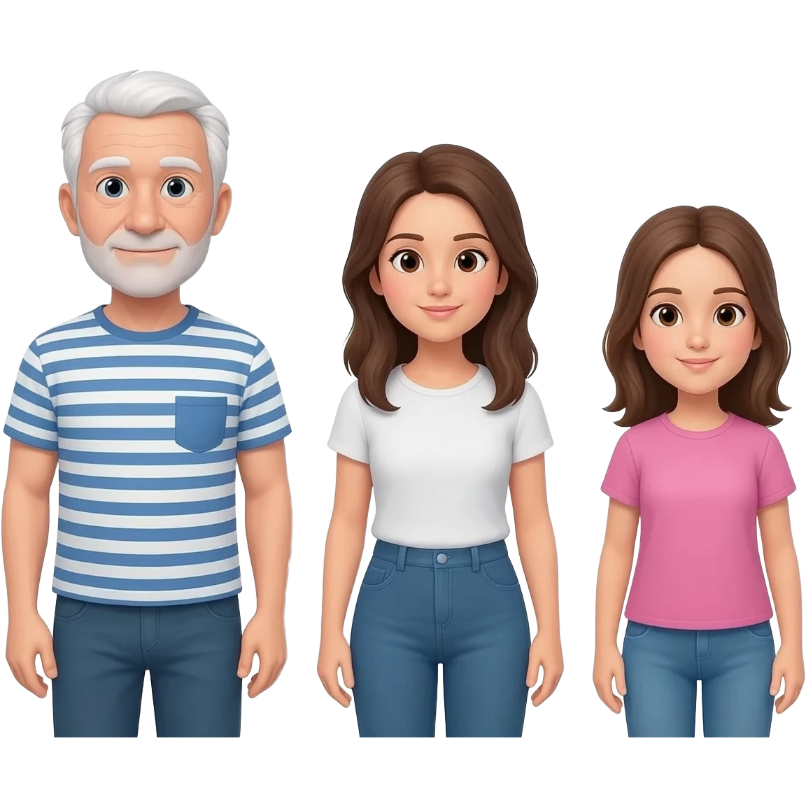 三人嘅emoji~男要白色頭髮~穿藍白橫條T卹一個女仕就攣頭髮長嘅~另一個少女就係啡色頭髮～平排一起面向鏡頭 emoji