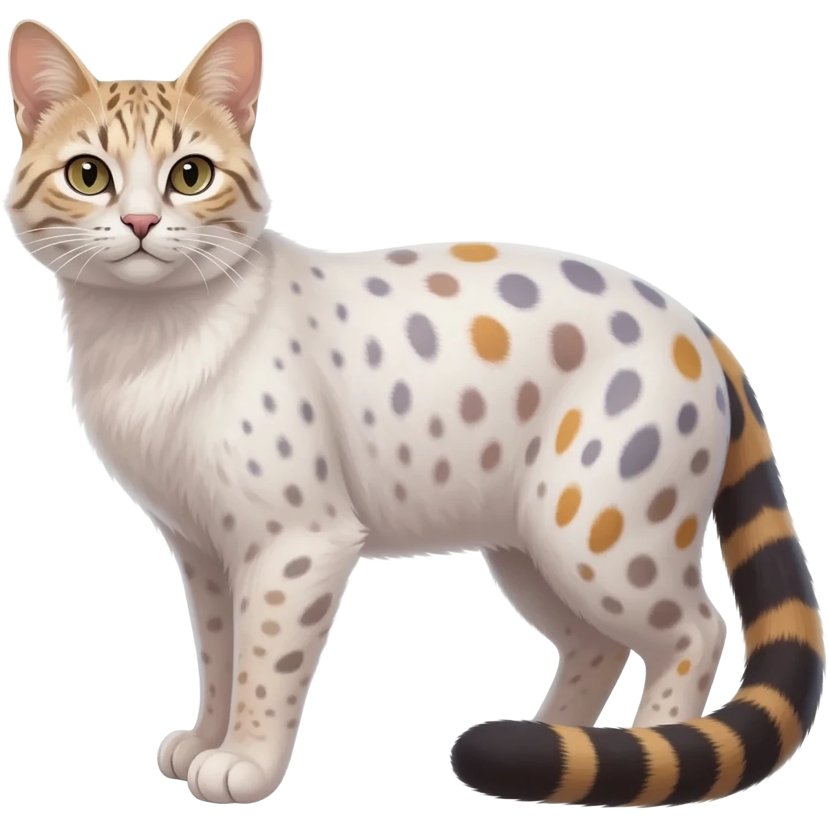 Realistic albino albinism colorful shiny glossy smooth whitish pastel dusky dark gloomy wild natural elegant lifelike Pallas-cat-ocicat-ocelot-Rusty-spotted-cat-fusion-hybrid-animal-creature, full body, hyper-realism emoji