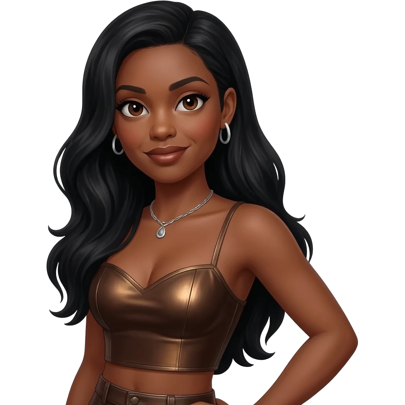 Brandy Norwood with dark brown eyes, long black hair, dark brown metallic sweetheart crop top, dark brown metallic asymmetrical skirt, silver necklace and earrings emoji