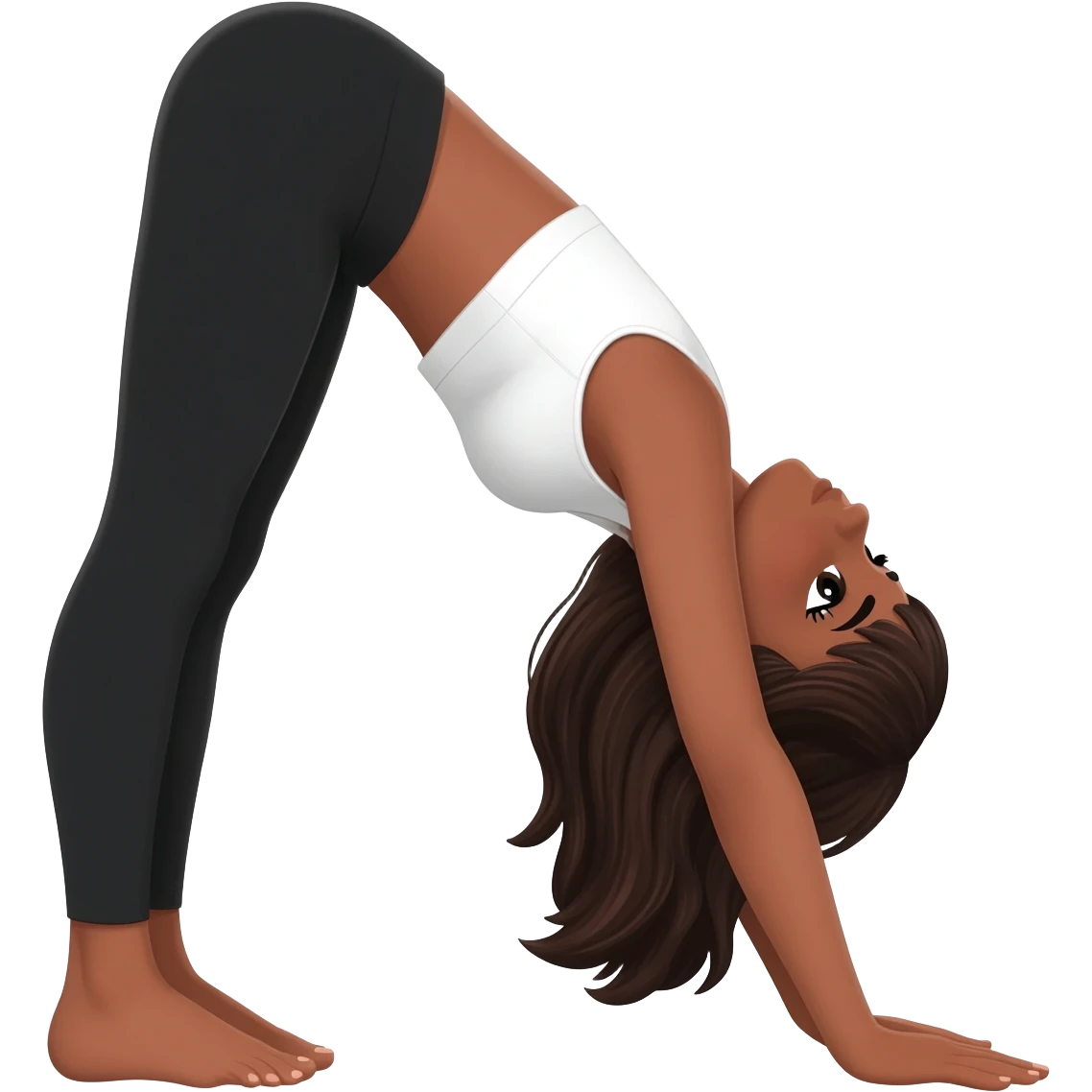 Девушка белокожая с правильными пропорциями тела стоит в позе собака мордой вниз, только человек, с длинными темными волосами, в коротком белом топе, в черных лосинах, с черными ресницами emoji