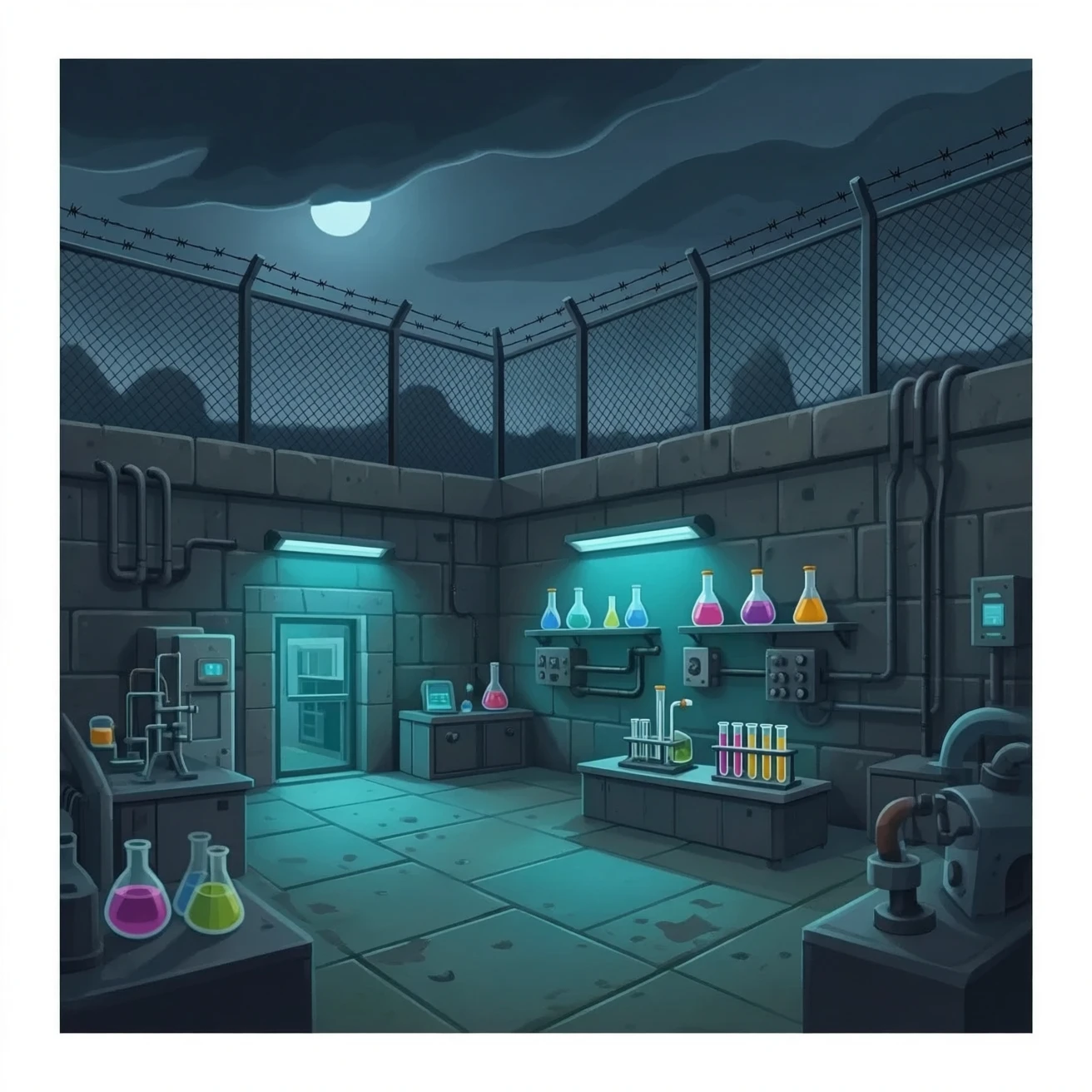 a cross of a concentration camp and a illegal science lab emoji