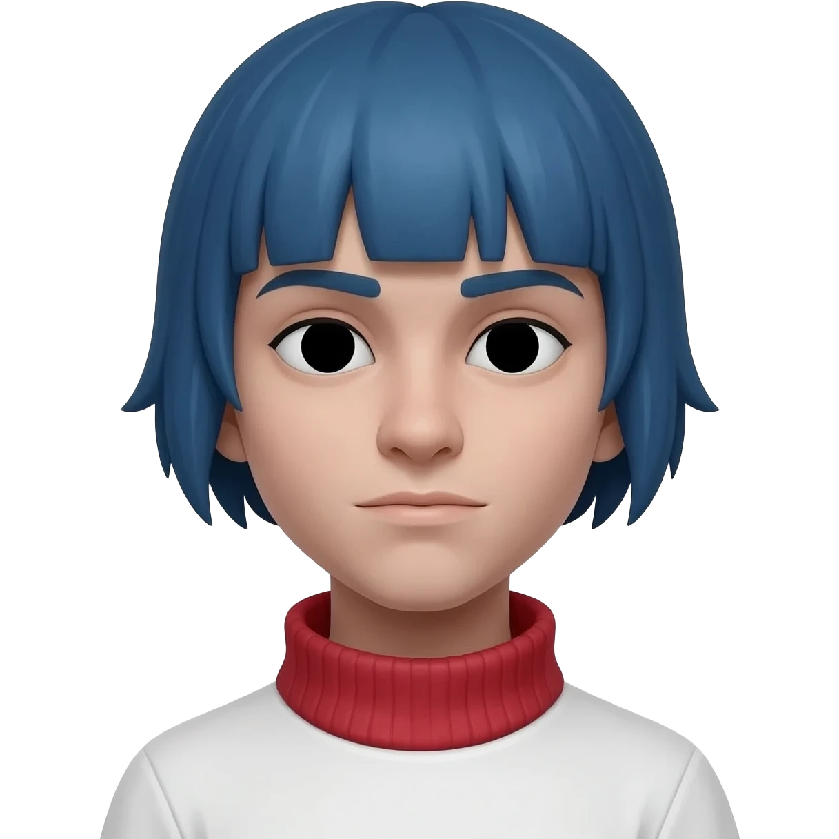 gorillaz 2-d completely black eyes, blue short hair no bangs, white shirt with red crewneck, emoji