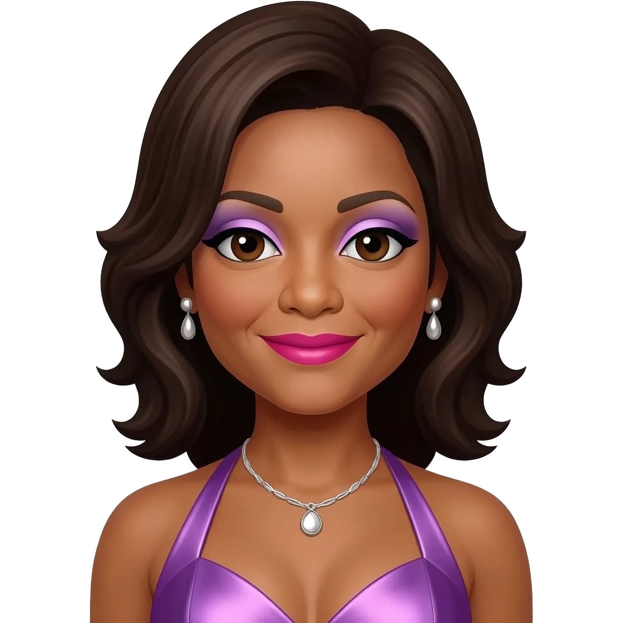 Whitney Houston with dark brown eyes, dark brown hair, lilac eyeshadow, hot pink lipstick, lilac metallic halter dress, silver necklace and earrings emoji