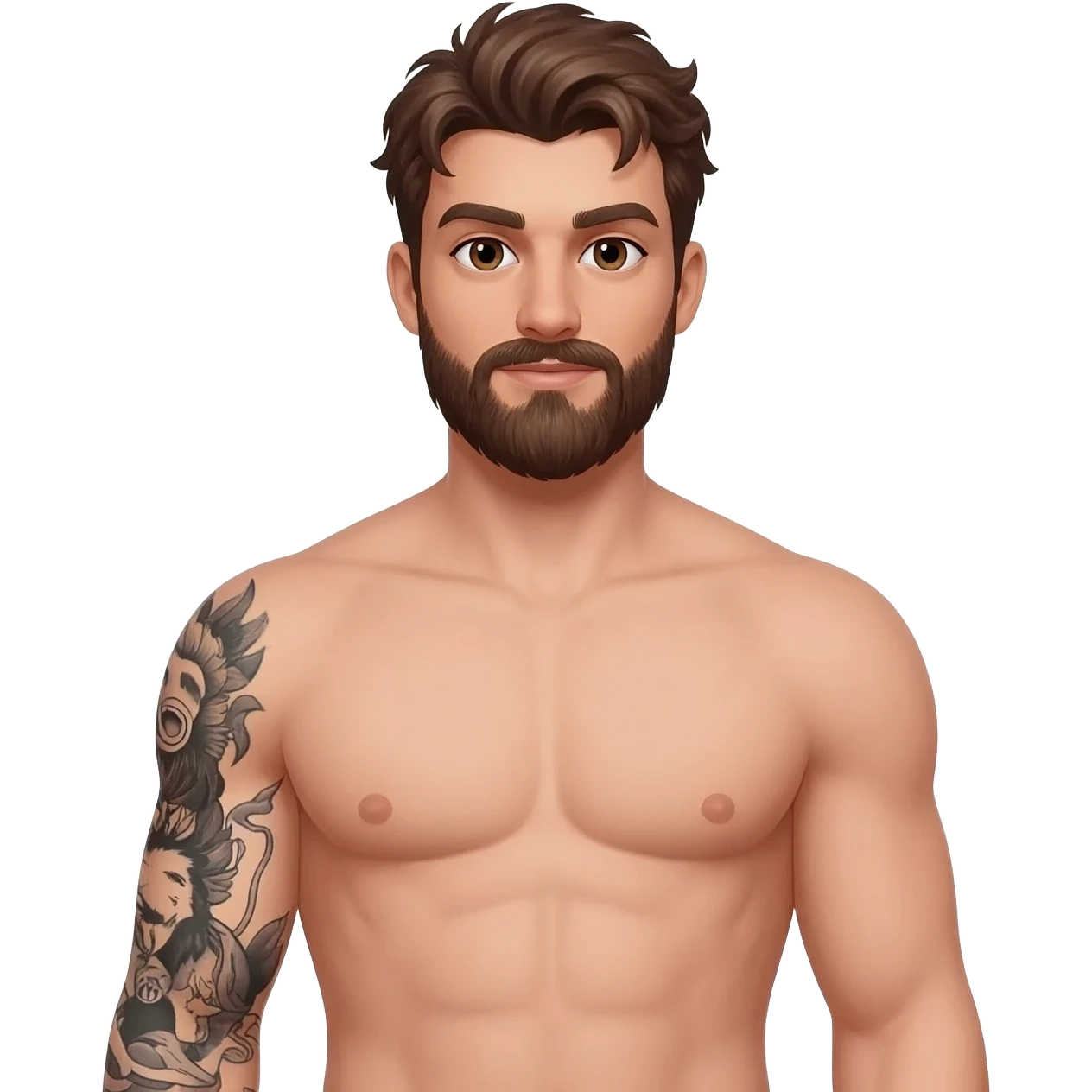 Male long, brunette, brown eyed beard, tattoo, arm, sleeves, fully body nude with a 20 inch long dick emoji