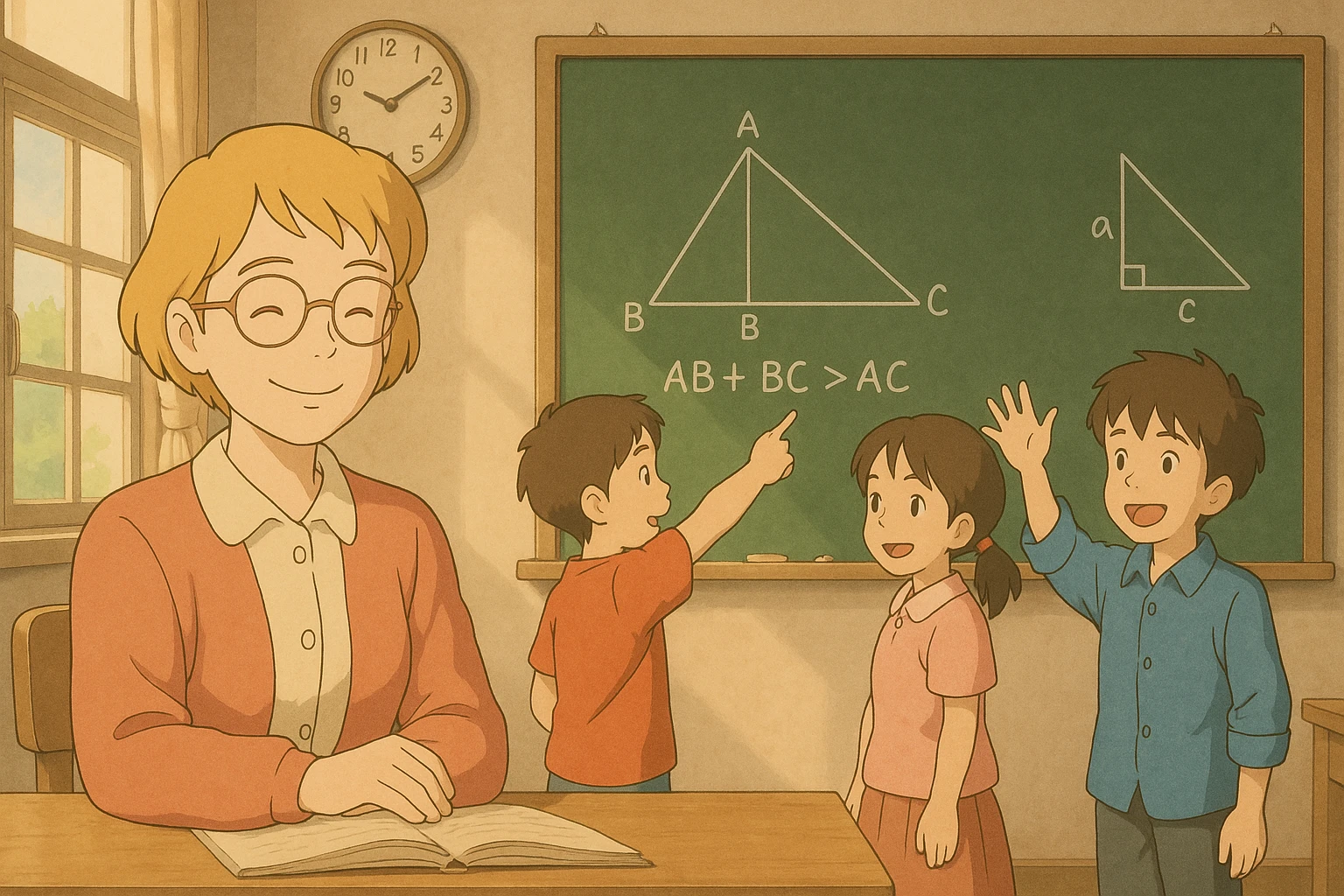 Escena en aula: profesora rubia de pelo corto y gafas redondas, sonriente, tres alumnos explican una diapositiva de geometría, estilo ghibli emoji