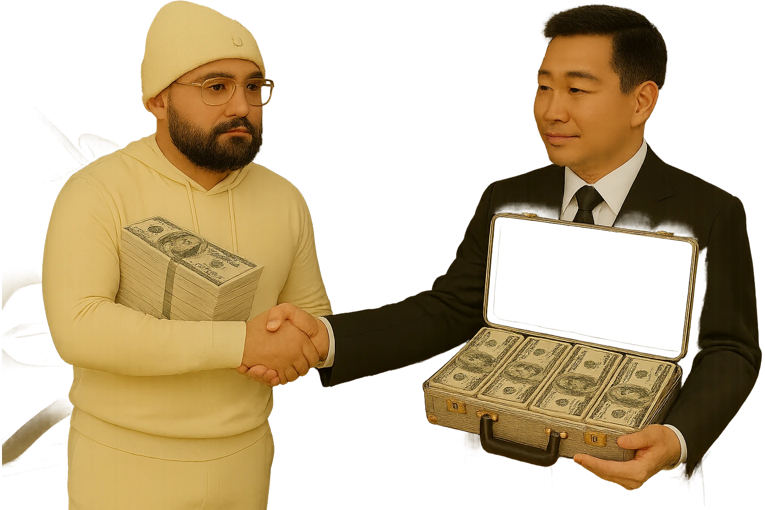 Edit the image to make the money appear to be laying realistically on the Asian man, as if it is naturally resting on him. Keep the briefcase filled with US money, Cartier glasses on the man in the white hoodie, and the car in the background. Maintain a transparent background. emoji