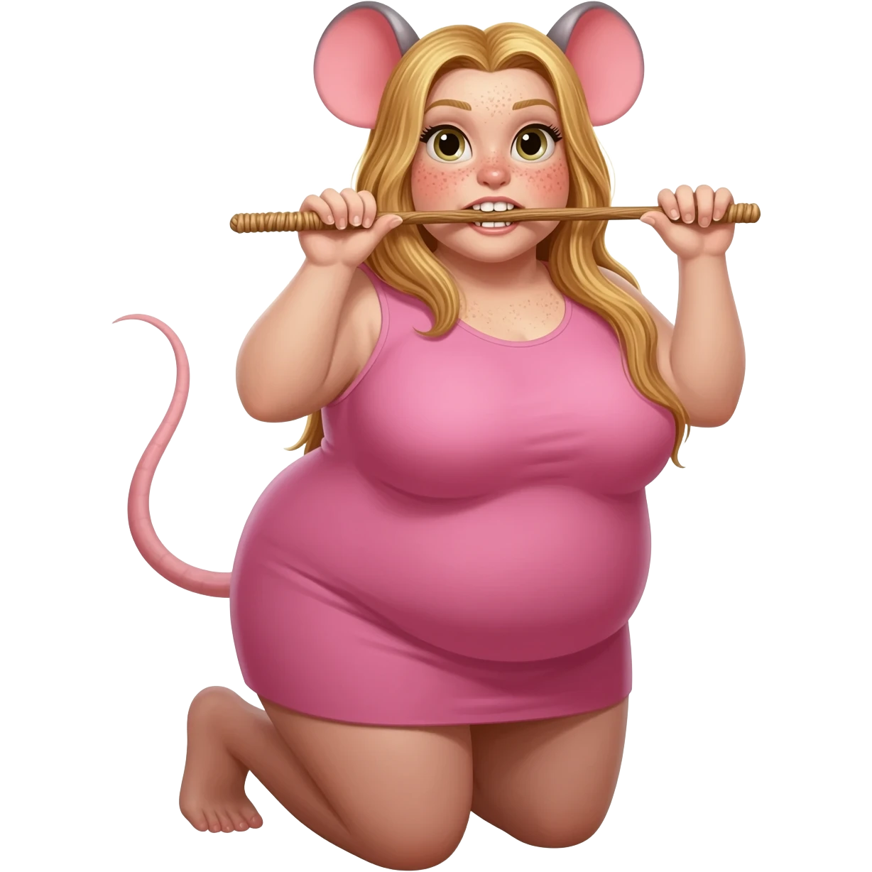 plumpy pretty woman with rat tail and rat ears have blond long hair and freckles. 
she is on her knees and hands and holding the wicker in her teeth emoji