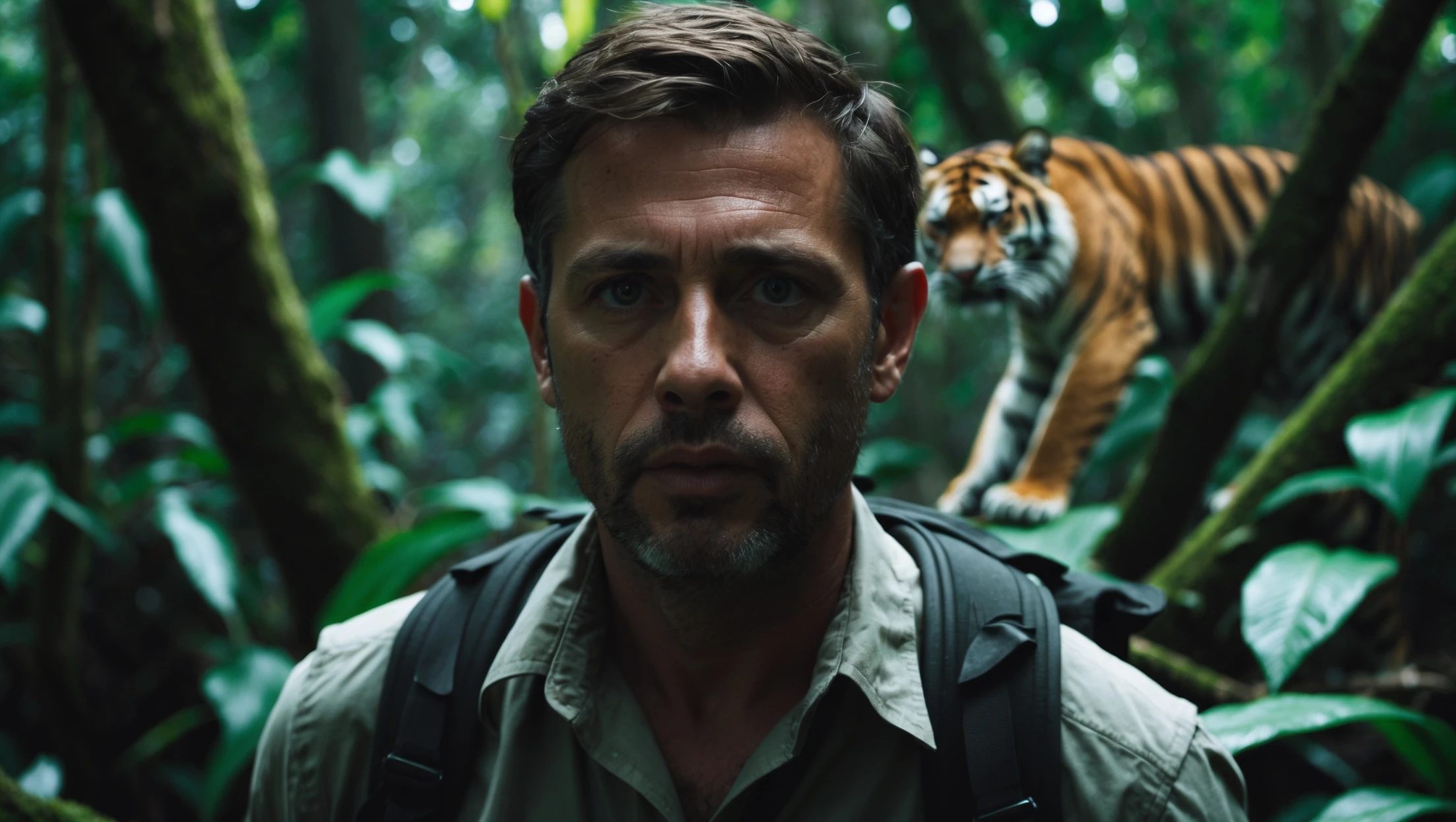cinematic still, documentary photography, amazon jungle, well lit scene, man is exploring the jungle, close up, front shot, rule of thirds, tiger in background sneaking trying to jump on man emoji