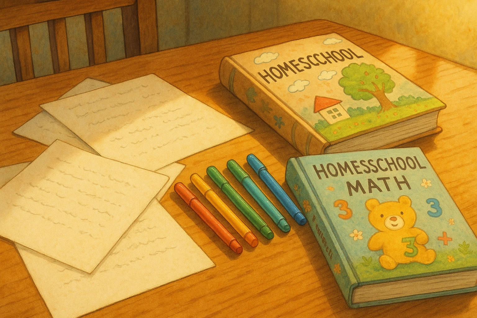 a table with paper, pens, and homeschool books, ghibli-inspired style emoji